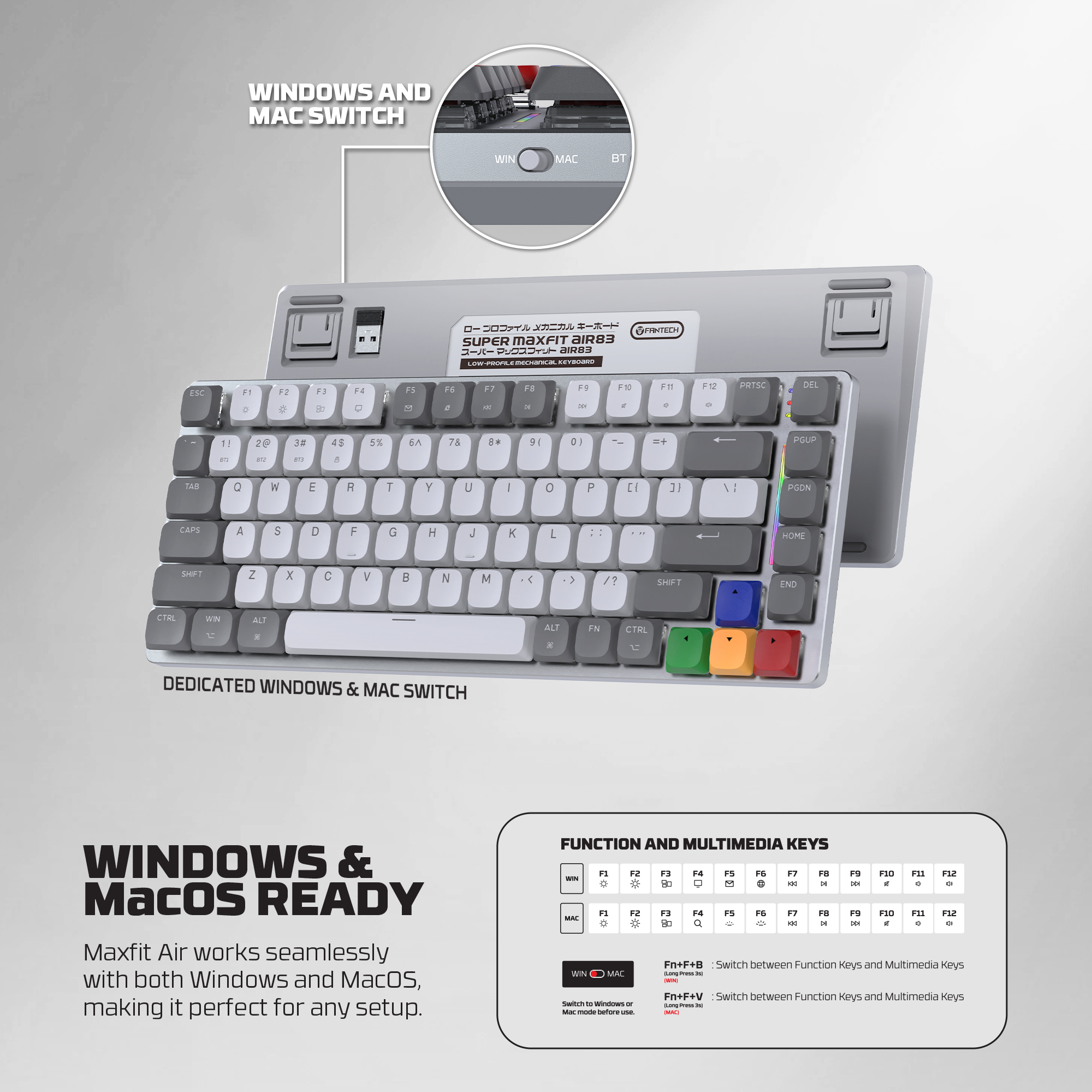 A large marketing image providing additional information about the product Fantech MK915 75% Low Profile Wireless Mechanical Keyboard - SUPER MAXFIT AIR83 (Brown Switch) - Additional alt info not provided