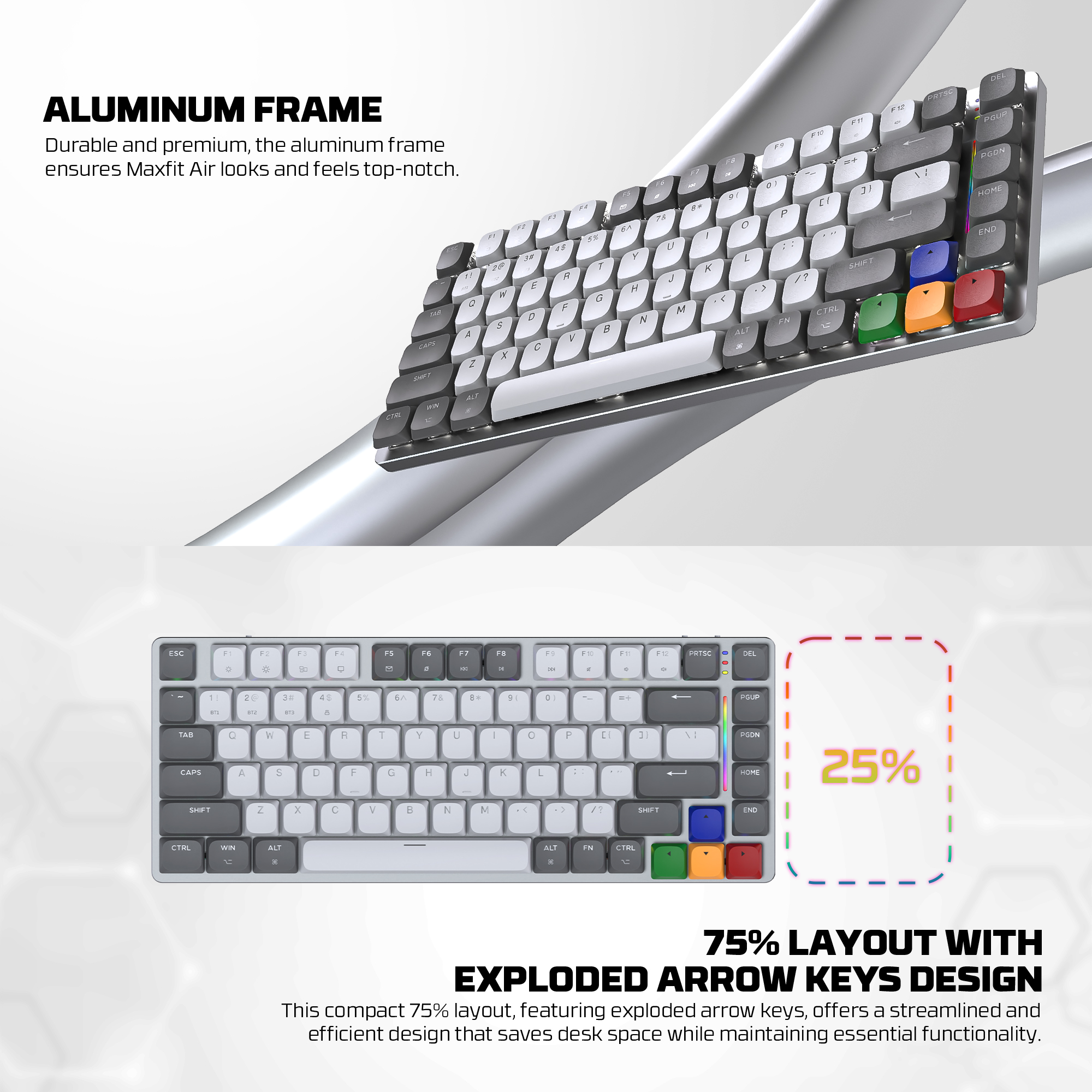 A large marketing image providing additional information about the product Fantech MK915 75% Low Profile Wireless Mechanical Keyboard - SUPER MAXFIT AIR83 (Brown Switch) - Additional alt info not provided