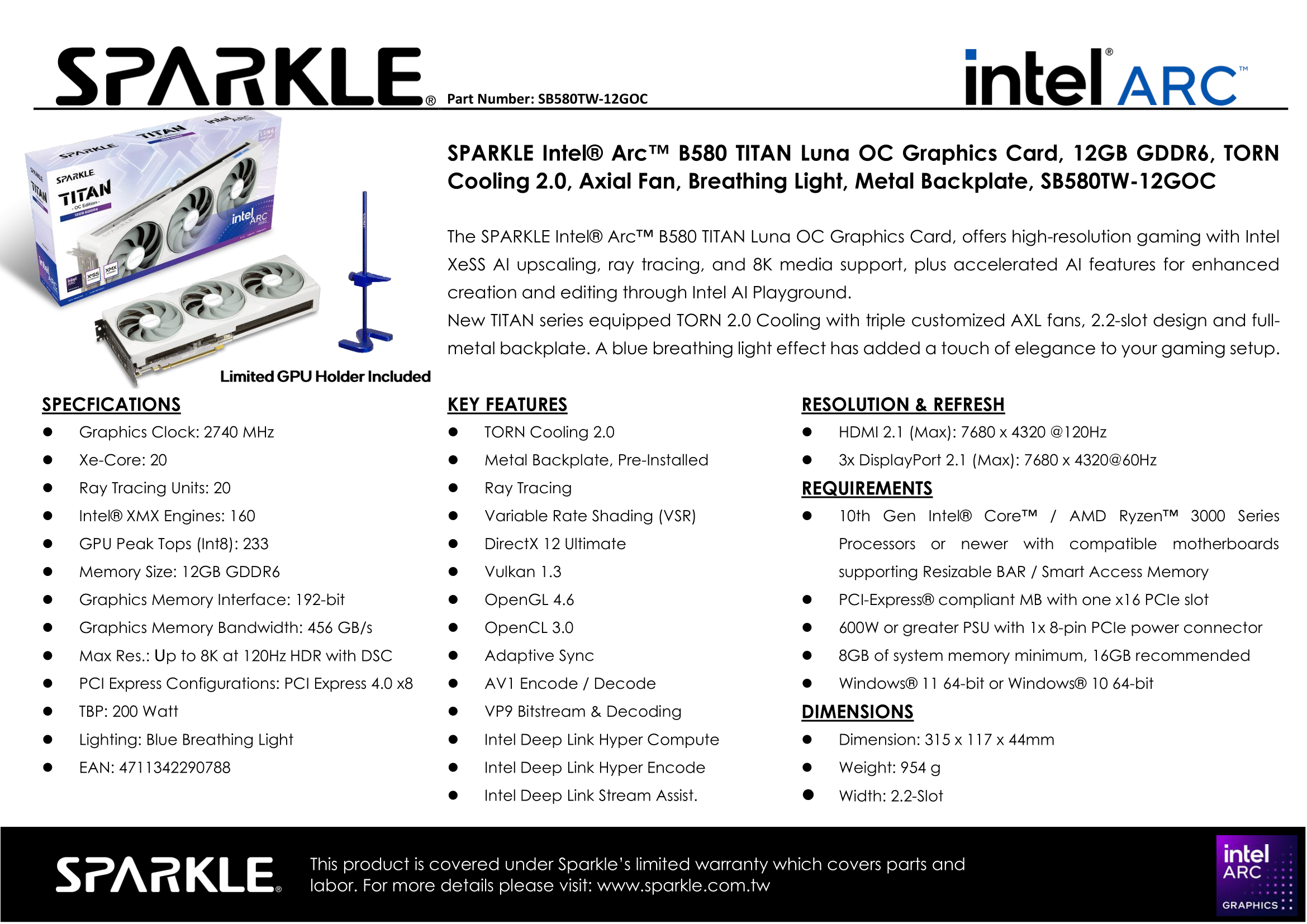 SPARKLE Intel Arc Battlemage B580 TITAN Luna OC 12GB GDDR6 | PLE 