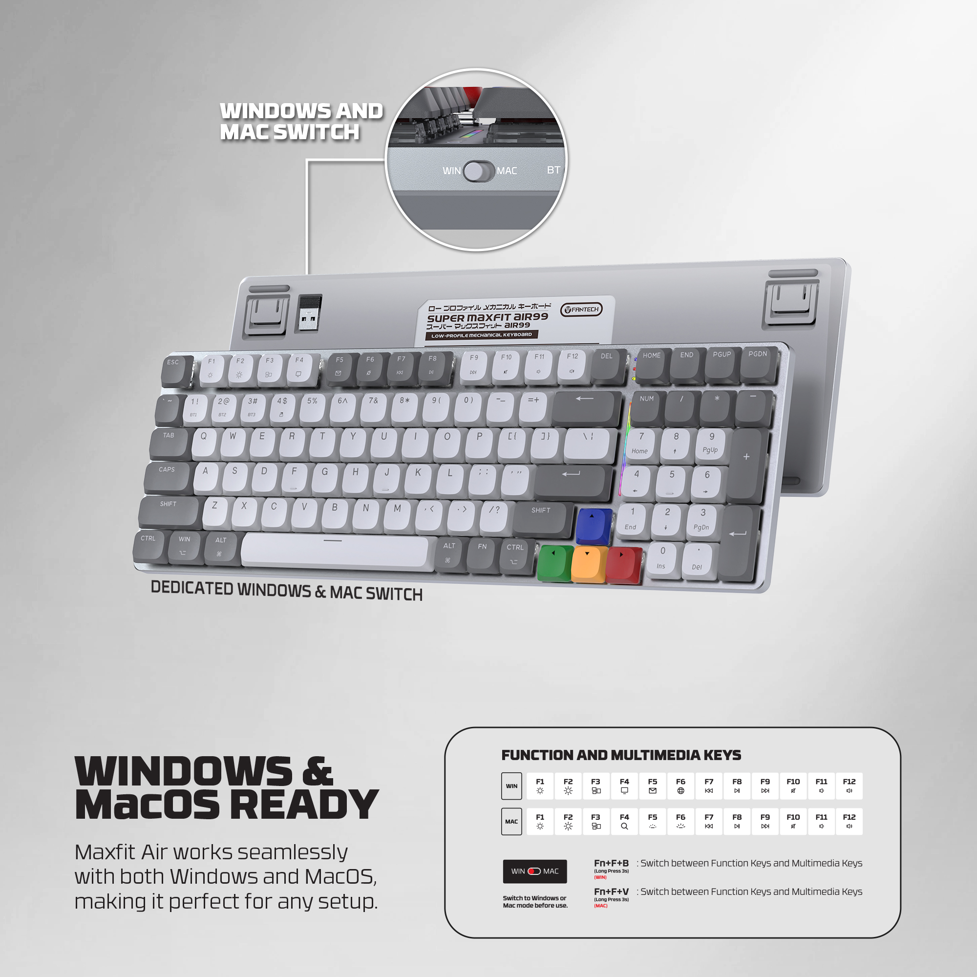 A large marketing image providing additional information about the product Fantech MK916 95% Low Profile Wireless Mechanical Keyboard - SUPER MAXFIT AIR99 (Brown Switch) - Additional alt info not provided