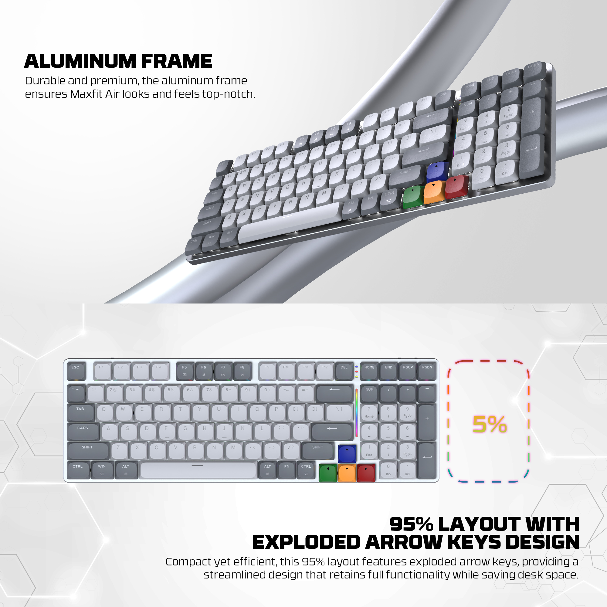 A large marketing image providing additional information about the product Fantech MK916 95% Low Profile Wireless Mechanical Keyboard - SUPER MAXFIT AIR99 (Brown Switch) - Additional alt info not provided