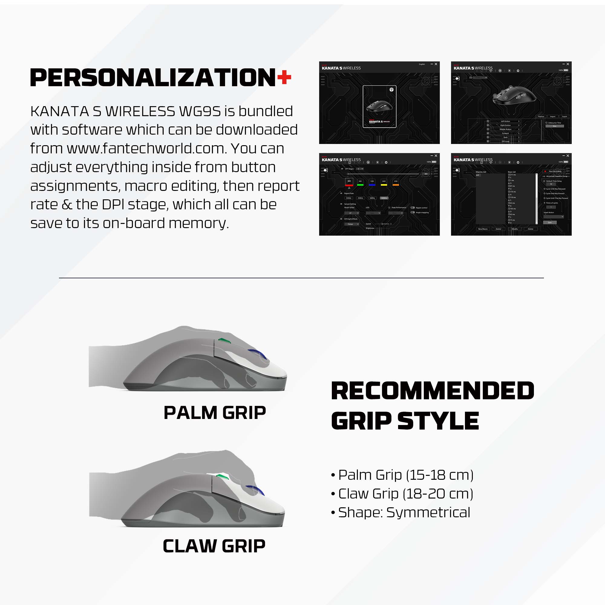 A large marketing image providing additional information about the product Fantech WG9S Super MaxFit Wireless Dual Mode Gaming Mouse - Additional alt info not provided