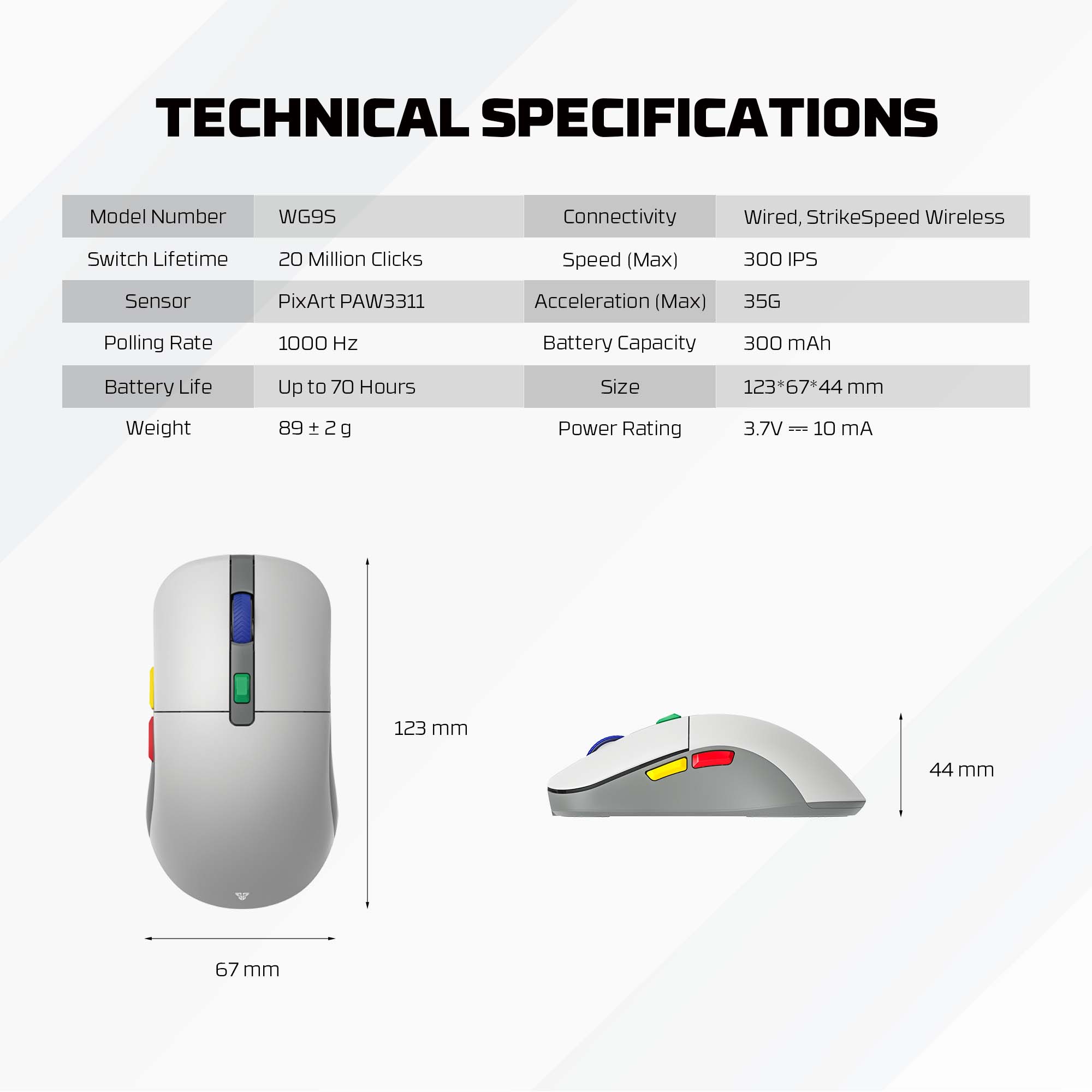 A large marketing image providing additional information about the product Fantech WG9S Super MaxFit Wireless Dual Mode Gaming Mouse - Additional alt info not provided