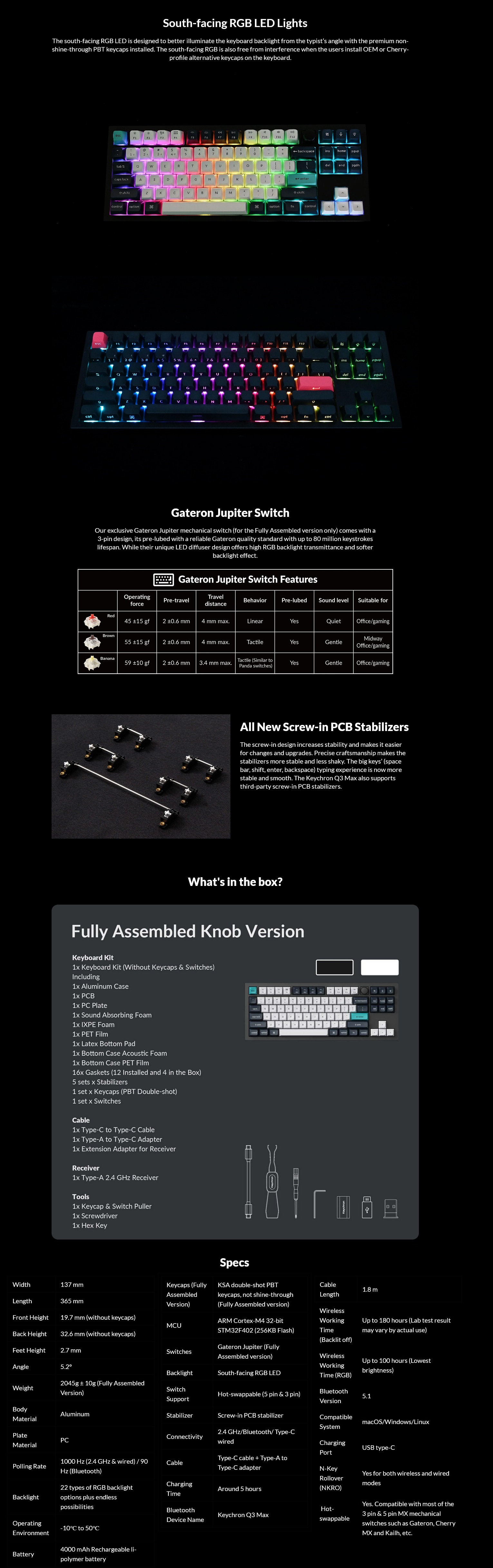 A large marketing image providing additional information about the product Keychron Q3 Max - 80% TKL QMK Wireless Custom Mechanical Keyboard - Black (Gateron Jupiter Red Switch) - Additional alt info not provided