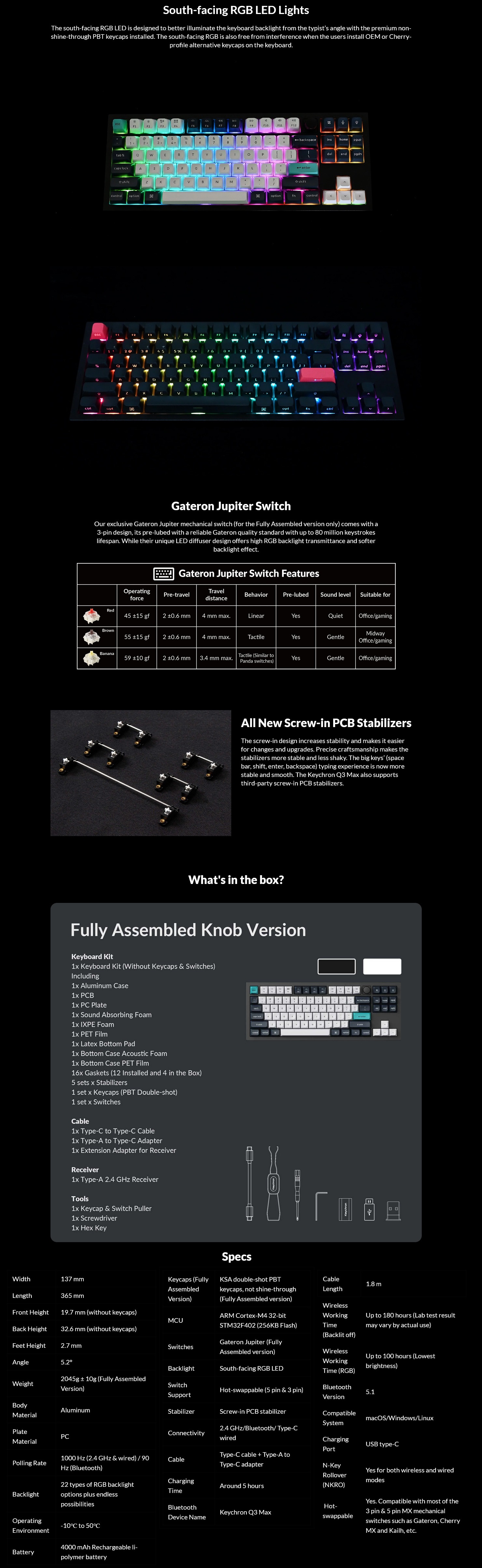 A large marketing image providing additional information about the product Keychron Q3 Max - 80% TKL QMK Wireless Custom Mechanical Keyboard - White (Gateron Jupiter Brown Switch) - Additional alt info not provided