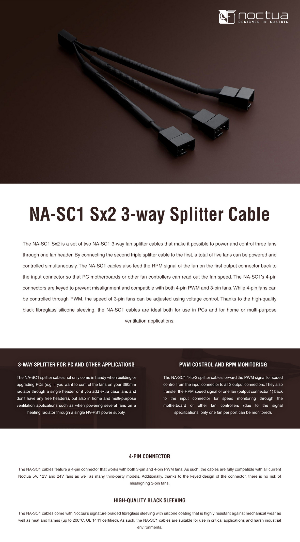 A large marketing image providing additional information about the product Noctua NA-SC1 SX2 3-Way PWM Fan Splitter Cables - Additional alt info not provided