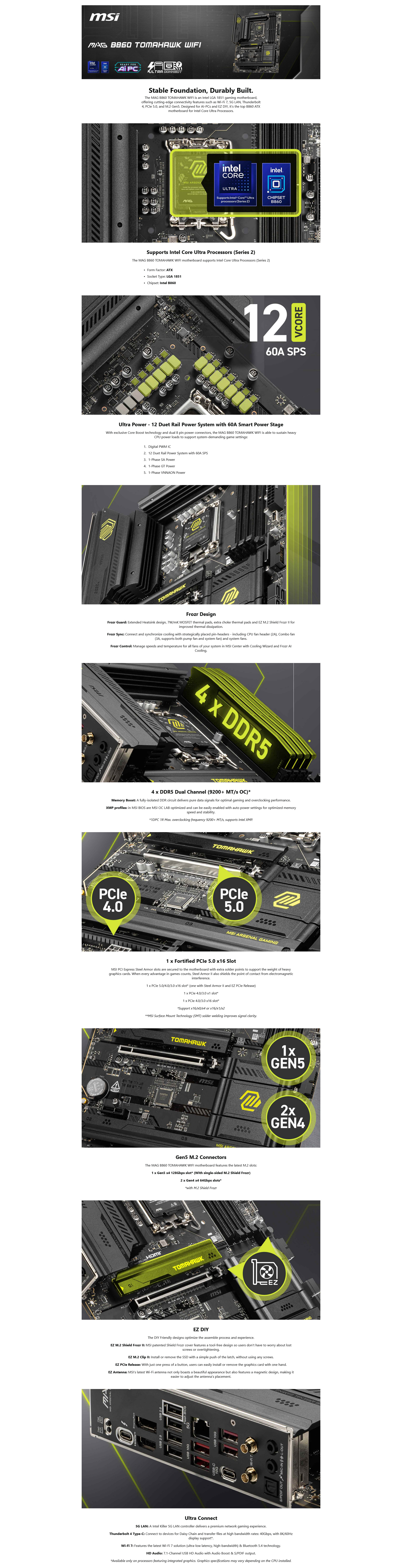 A large marketing image providing additional information about the product MSI MAG B860 Tomahawk WiFi LGA1851 ATX Desktop Motherboard - Additional alt info not provided