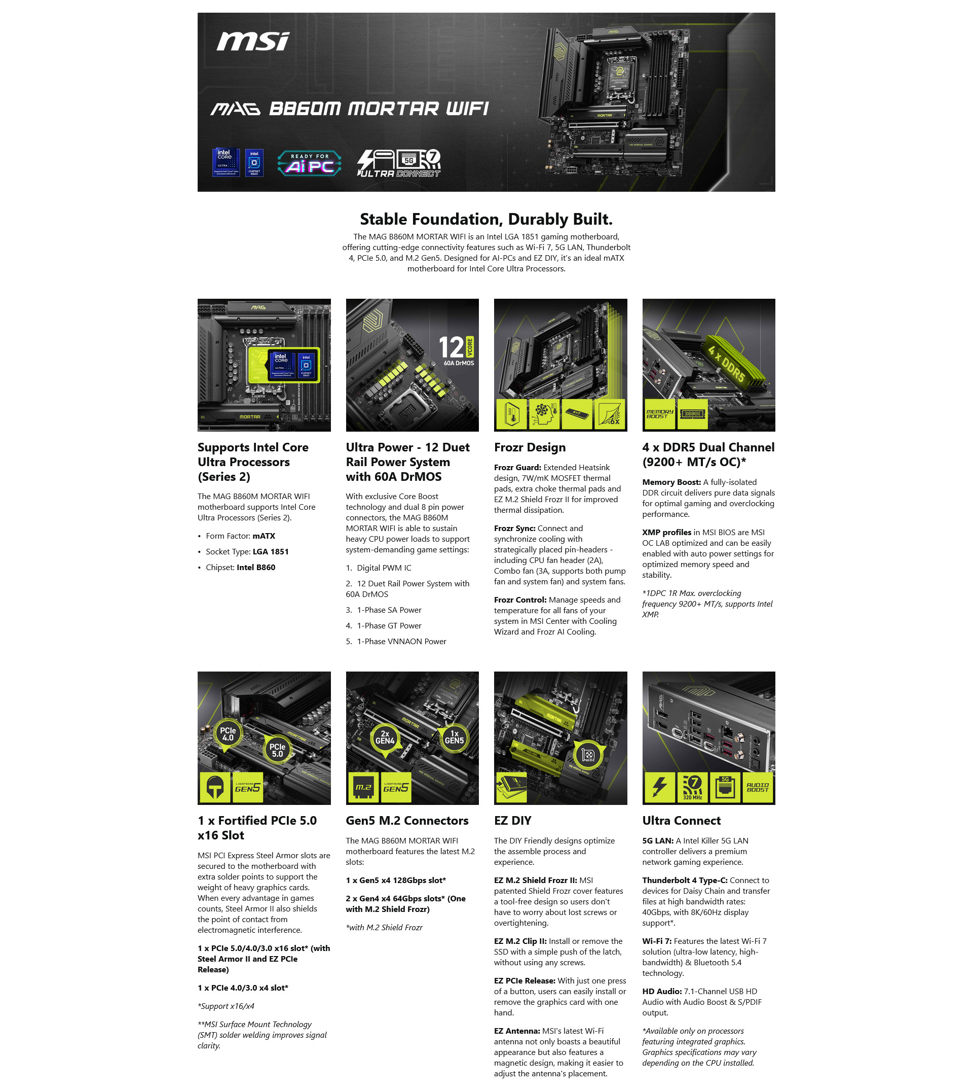 A large marketing image providing additional information about the product MSI MAG B860M Mortar WiFi LGA1851 mATX Desktop Motherboard - Additional alt info not provided