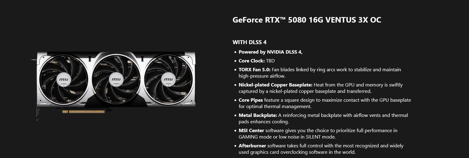 A large marketing image providing additional information about the product MSI GeForce RTX 5080 Ventus 3X OC 16GB GDDR7 - Additional alt info not provided