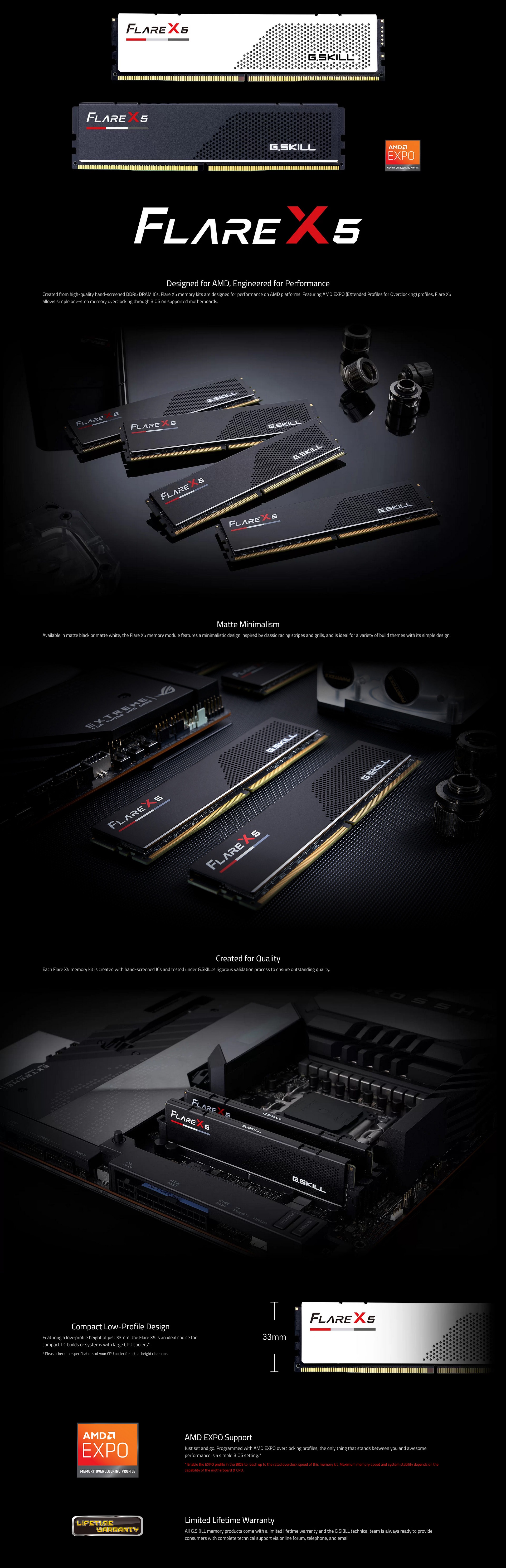 A large marketing image providing additional information about the product G.Skill Flare X5 32GB Kit (2x16GB) DDR5-6000 C28 - White - Additional alt info not provided