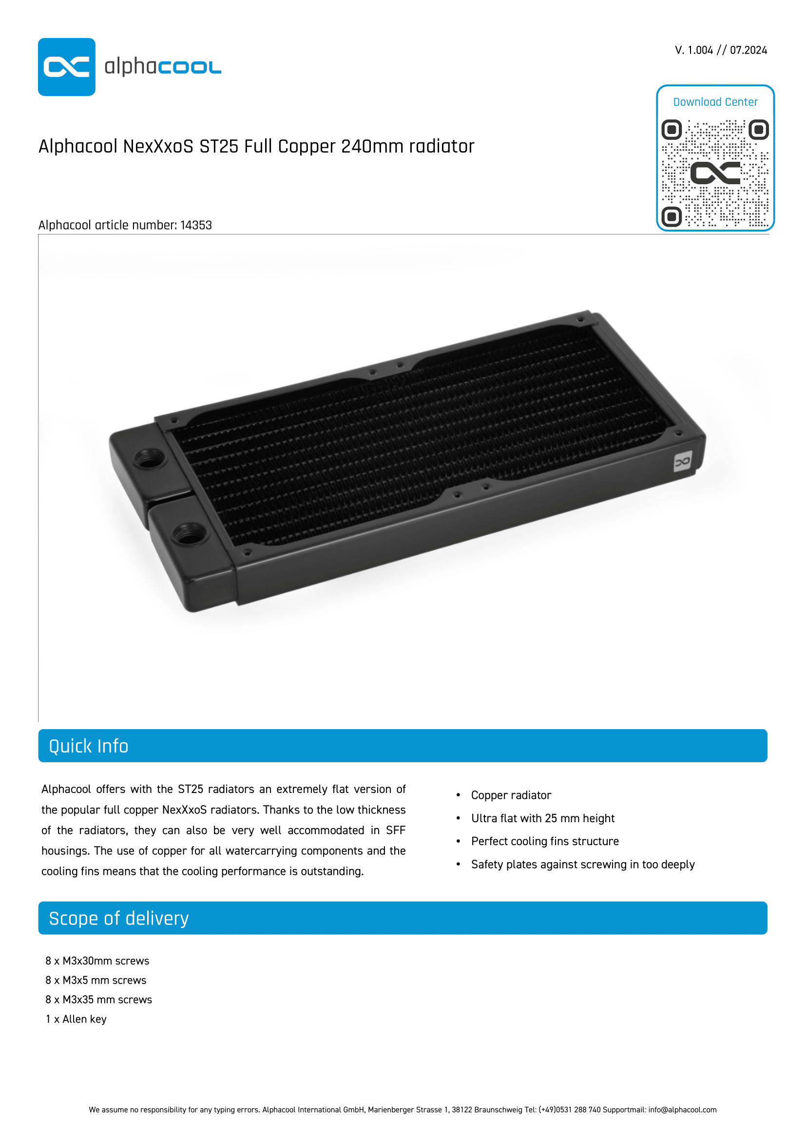 Alphacool NexXxoS ST25 Full Copper 240 x 25mm Slim Radiator | PLE