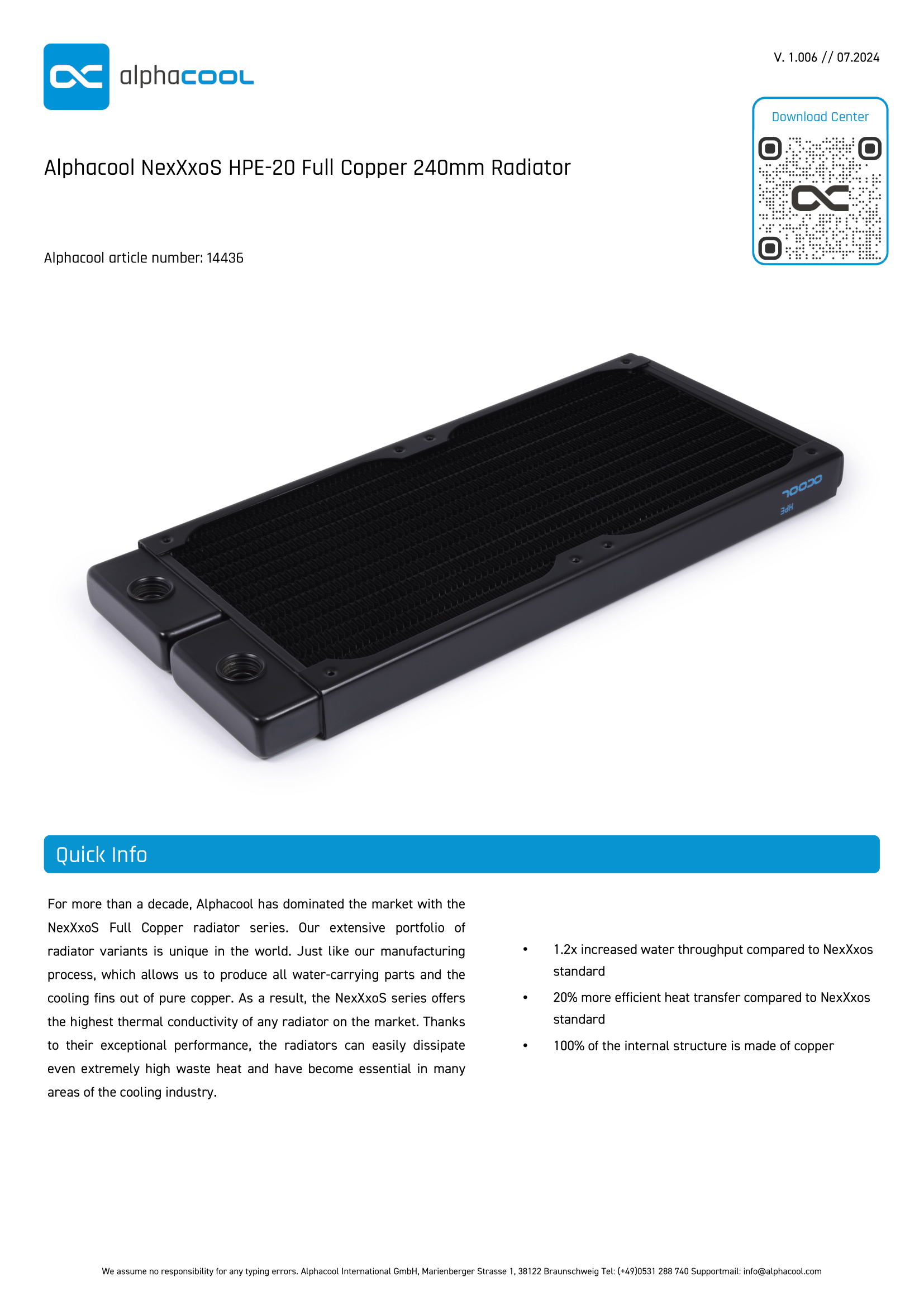 Alphacool NexXxoS HPE-20 Full Copper 240 x 20mm Ultra Slim