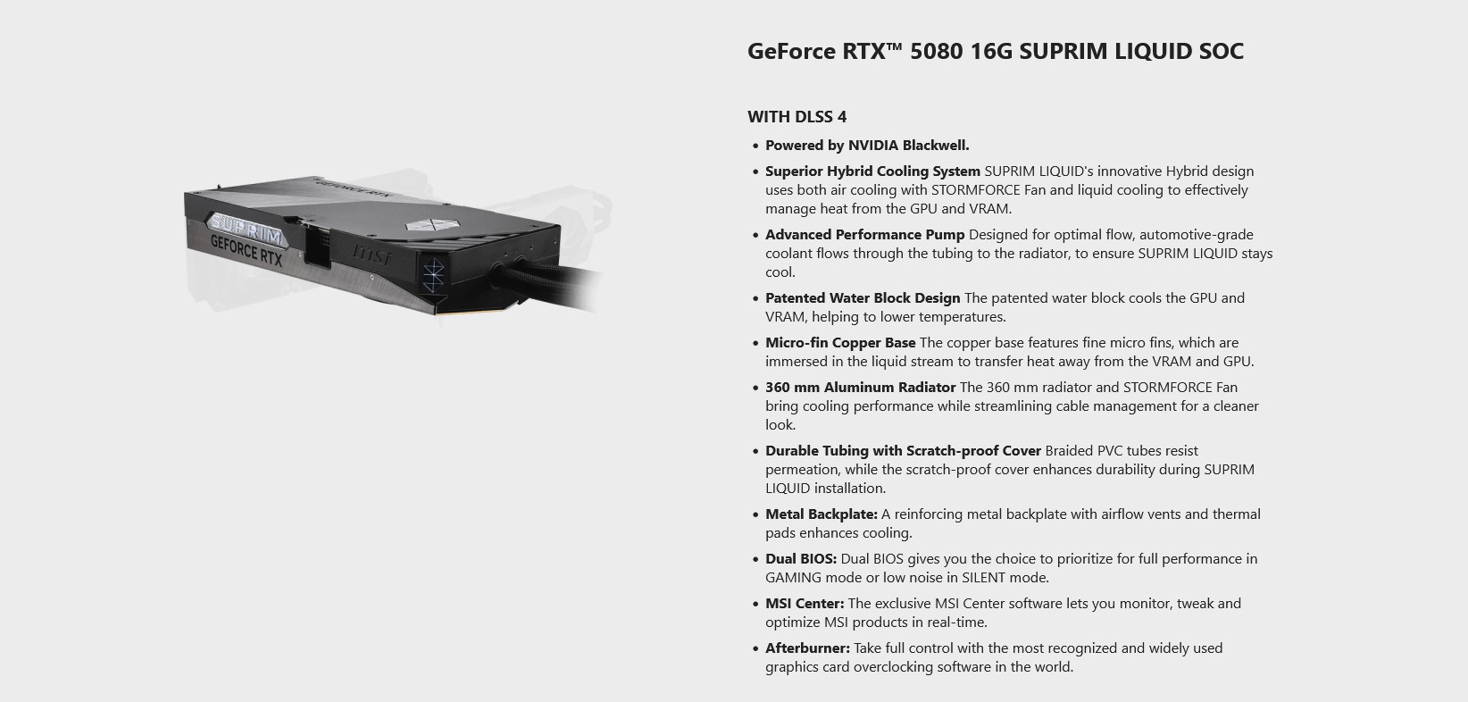 A large marketing image providing additional information about the product MSI GeForce RTX 5080 Suprim Liquid SOC 16GB GDDR7 - Additional alt info not provided