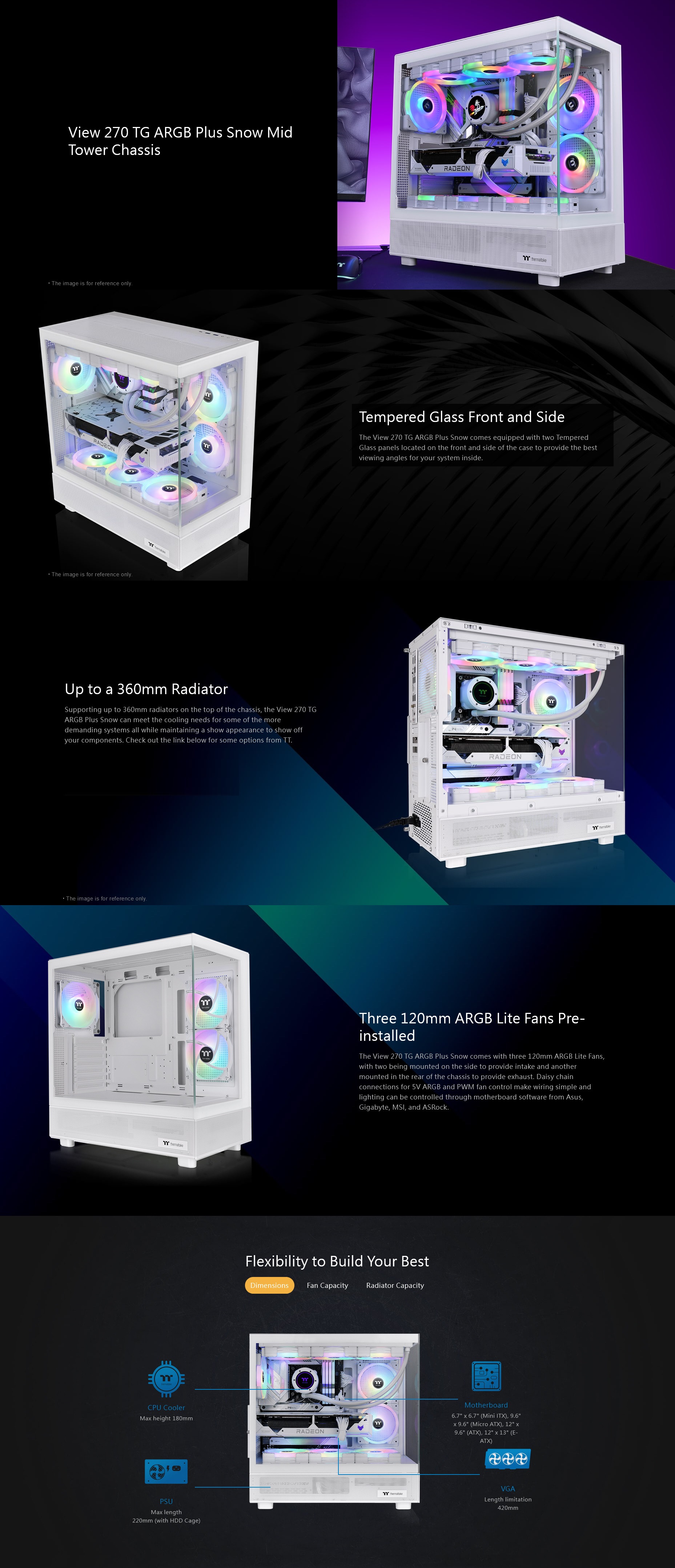 A large marketing image providing additional information about the product Thermaltake View 270 PLUS - Tempered Glass ARGB Mid Tower Case (Snow) - Additional alt info not provided