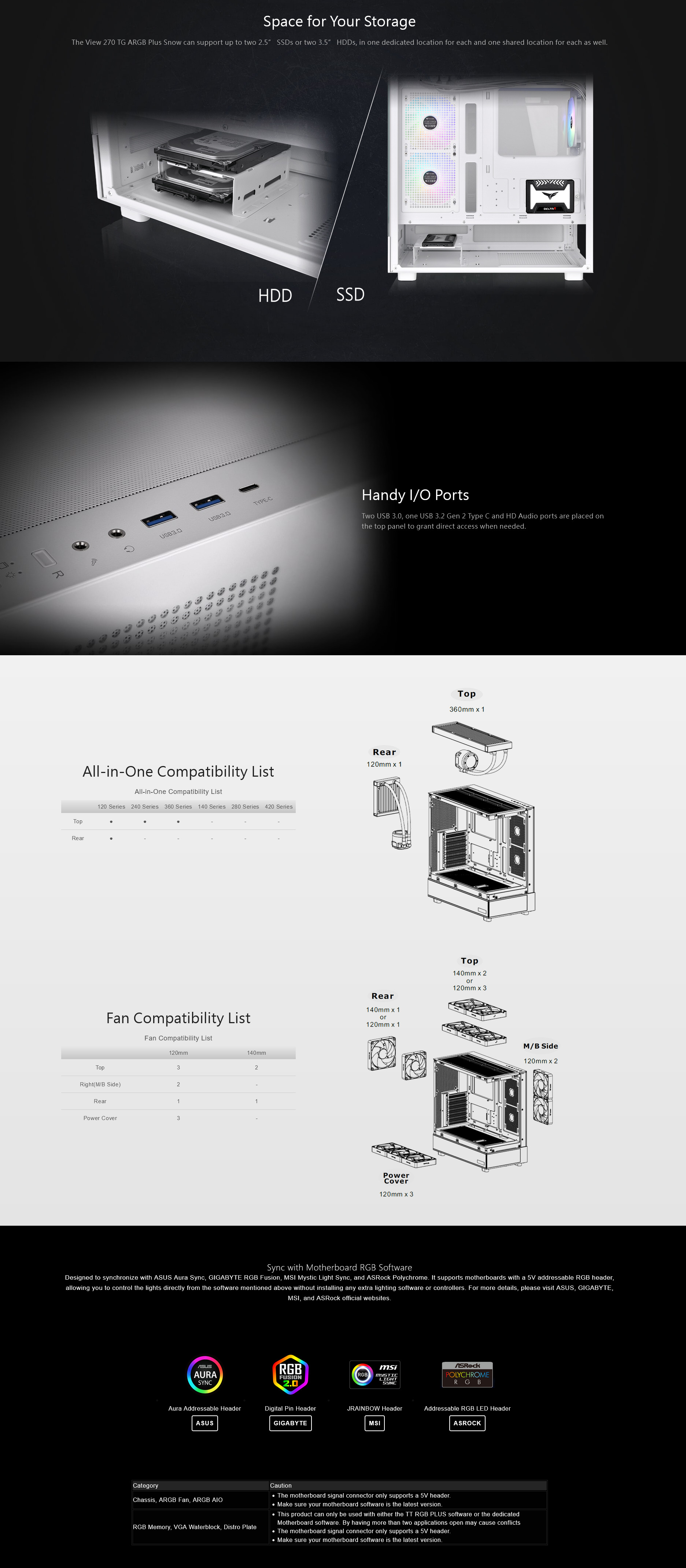 A large marketing image providing additional information about the product Thermaltake View 270 PLUS - Tempered Glass ARGB Mid Tower Case (Snow) - Additional alt info not provided