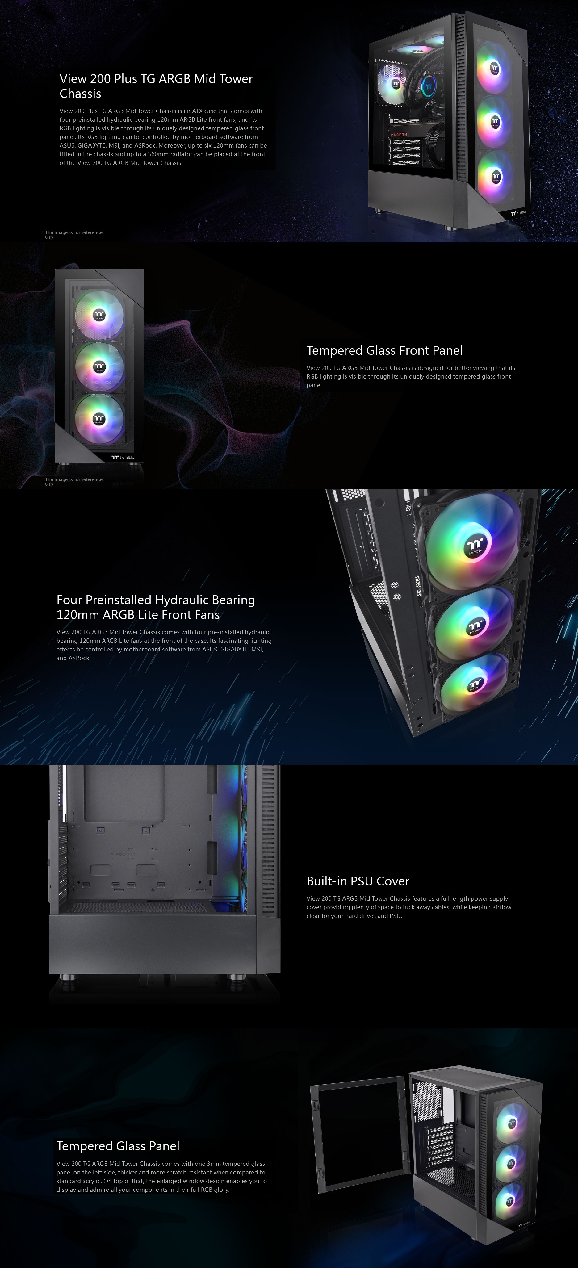 A large marketing image providing additional information about the product Thermaltake View 200 PLUS - ARGB TG Mid Tower Case (Black) - Additional alt info not provided