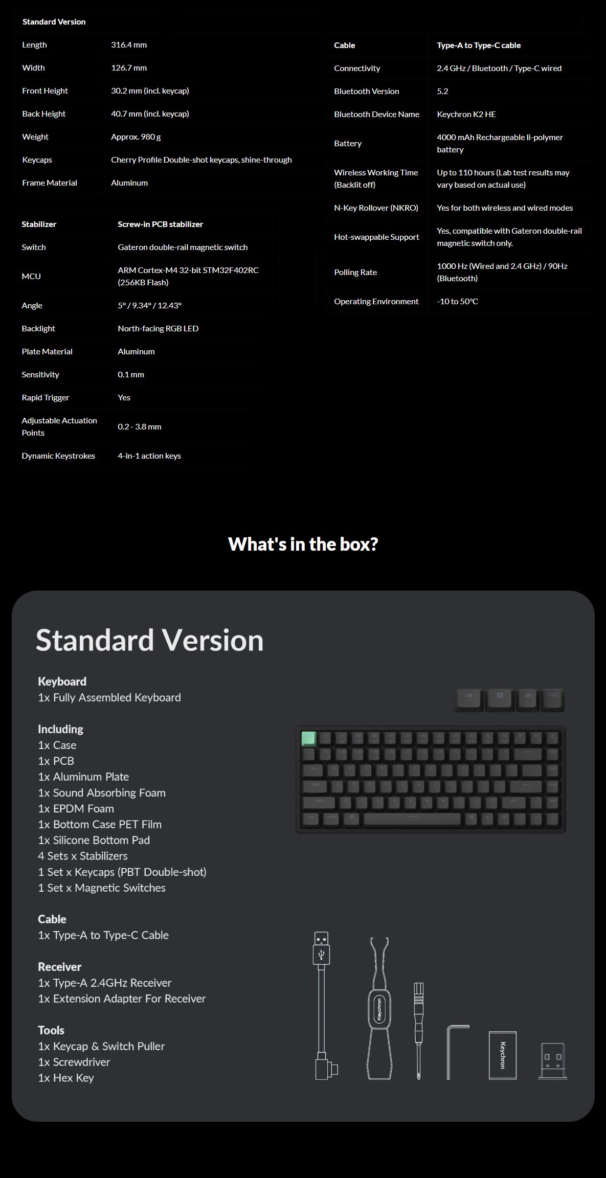 A large marketing image providing additional information about the product Keychron K2 HE - 75% QMK RGB Wireless Custom Keyboard - Black (Gateron Nebula Magnetic Switch) - Additional alt info not provided