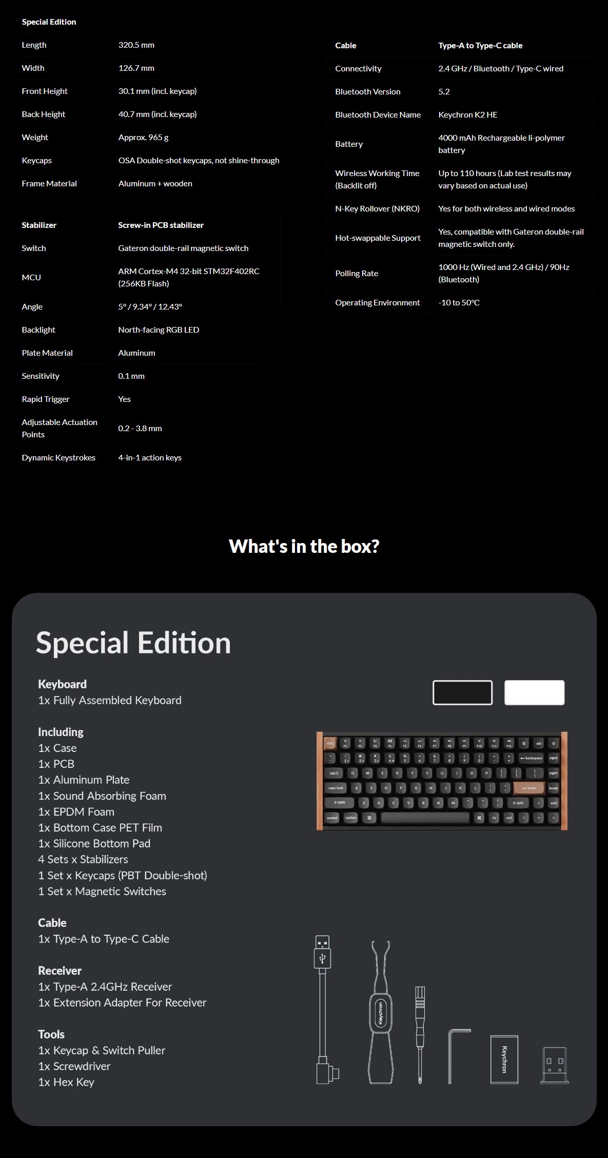 A large marketing image providing additional information about the product Keychron K2 HE Special Edition - 75% QMK RGB Wireless Custom Keyboard - Black (Gateron Nebula Magnetic Switch) - Additional alt info not provided