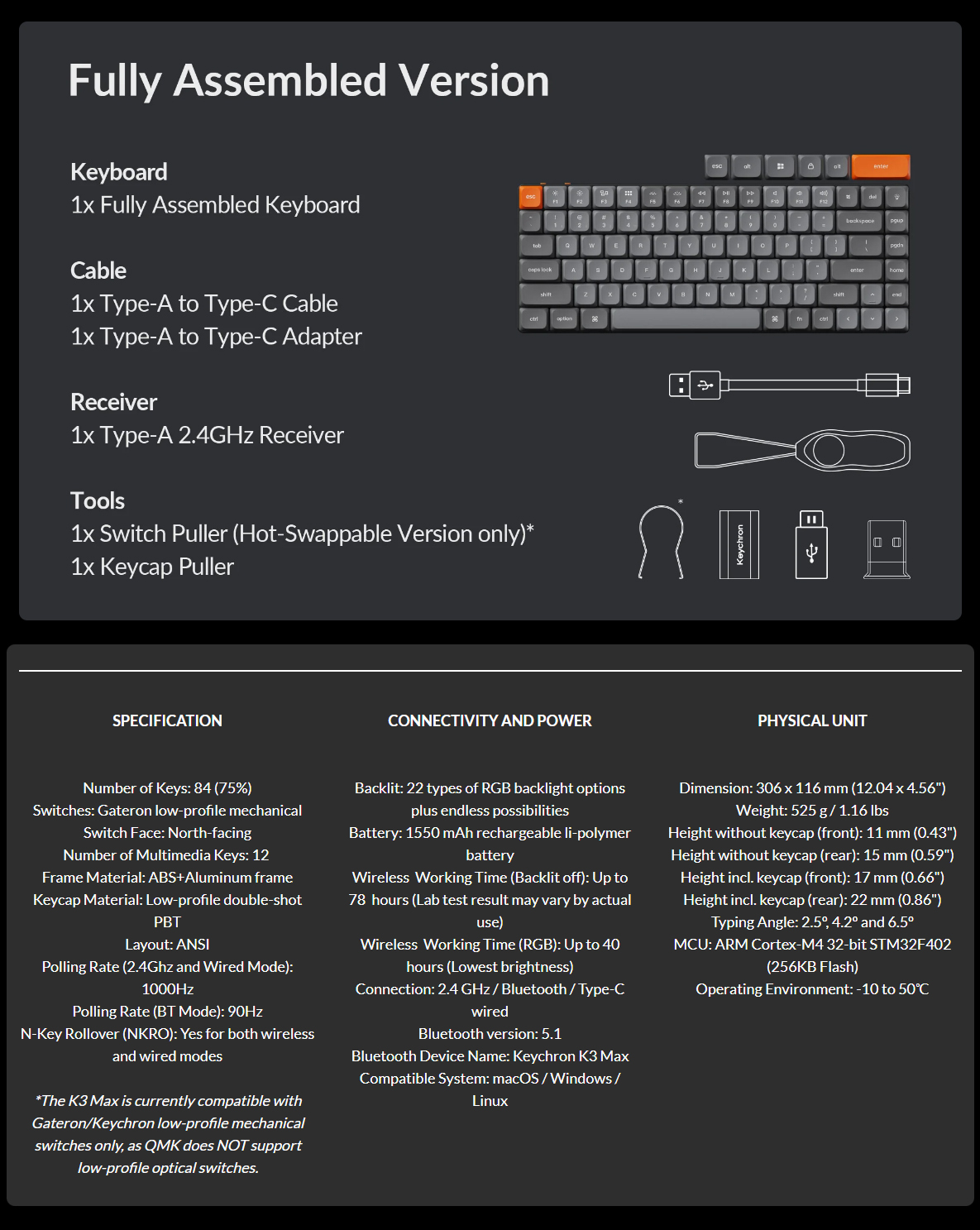 A large marketing image providing additional information about the product Keychron K3 Max - 75% Low Profile QMK RGB Wireless Custom Mechanical Keyboard (Gateron MX 2.0 Brown Switch) - Additional alt info not provided