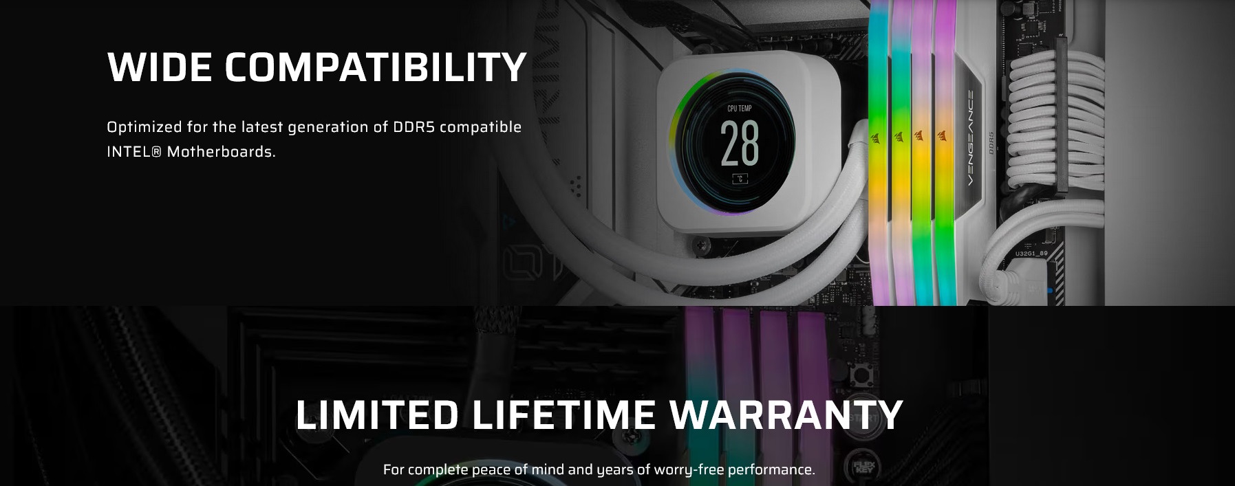 A large marketing image providing additional information about the product Corsair Vengeance RGB 32GB Kit (2x16GB) XMP DDR5-6000 C30 (White) - Additional alt info not provided