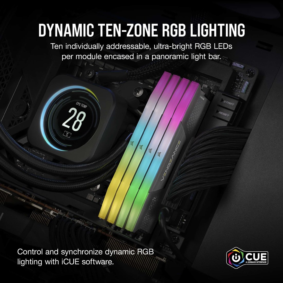 A large marketing image providing additional information about the product Corsair Vengeance RGB 32GB Kit (2x16GB) XMP/EXPO DDR5-6000 C28 (Grey) - Additional alt info not provided