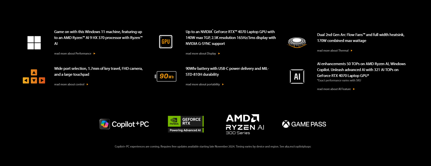 A large marketing image providing additional information about the product ASUS TUF Gaming A16 (FA608) - 16" 165Hz, Ryzen AI 9 HX 370, RTX 4060, 32GB/1TB - Win 11 Notebook - Additional alt info not provided