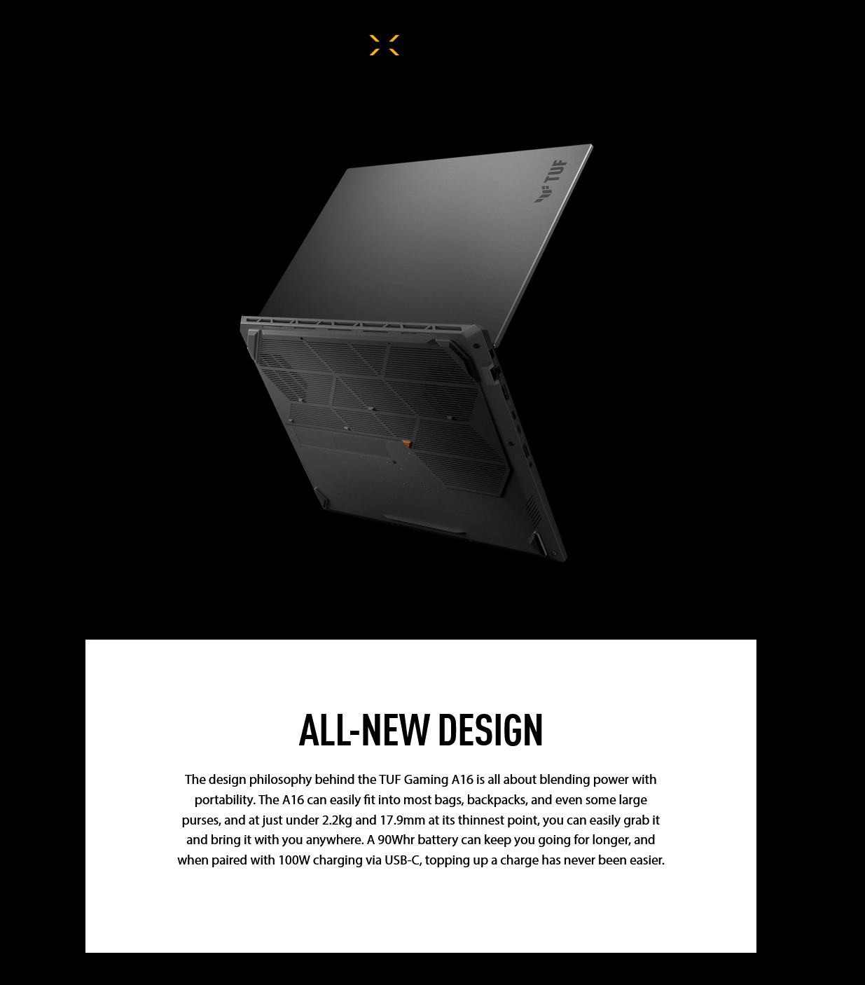 A large marketing image providing additional information about the product ASUS TUF Gaming A16 (FA608) - 16" 165Hz, Ryzen AI 9 HX 370, RTX 4060, 32GB/1TB - Win 11 Notebook - Additional alt info not provided