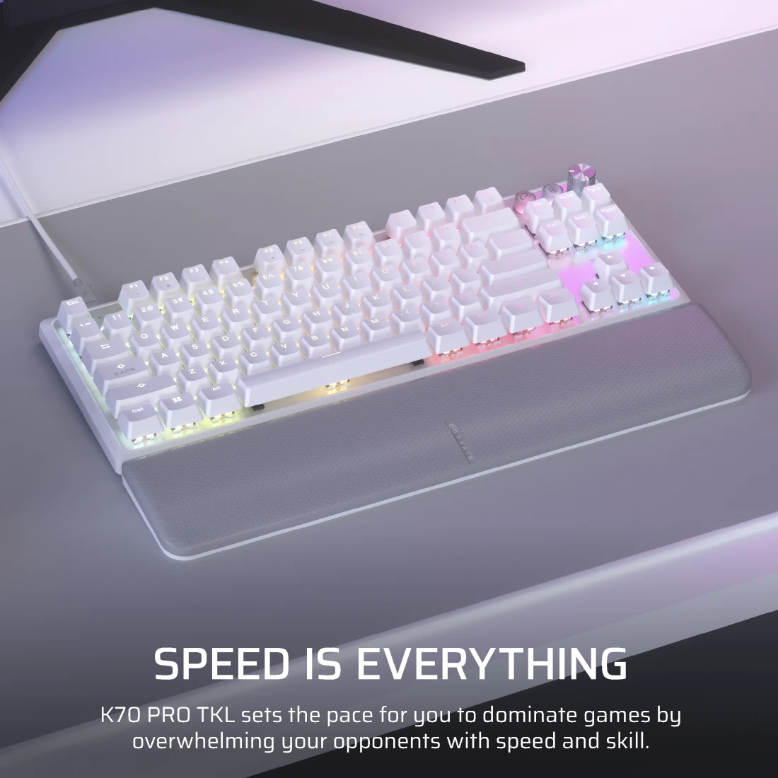 A large marketing image providing additional information about the product Corsair K70 PRO TKL High-Performance Hall Effect Gaming Keyboard - White (MGX V2 Switch) - Additional alt info not provided