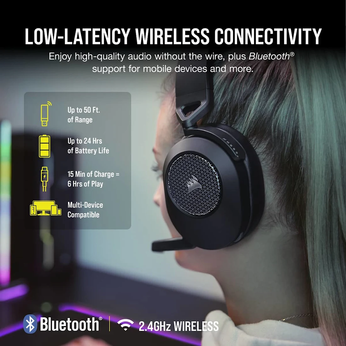 A large marketing image providing additional information about the product Corsair HS65 WIRELESS Gaming Headset (Carbon) - Additional alt info not provided