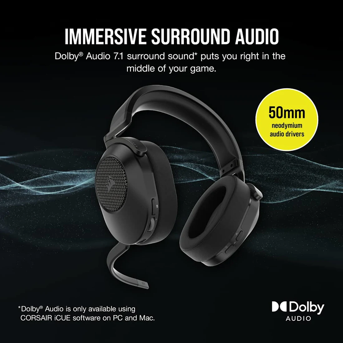 A large marketing image providing additional information about the product Corsair HS65 WIRELESS Gaming Headset (Carbon) - Additional alt info not provided