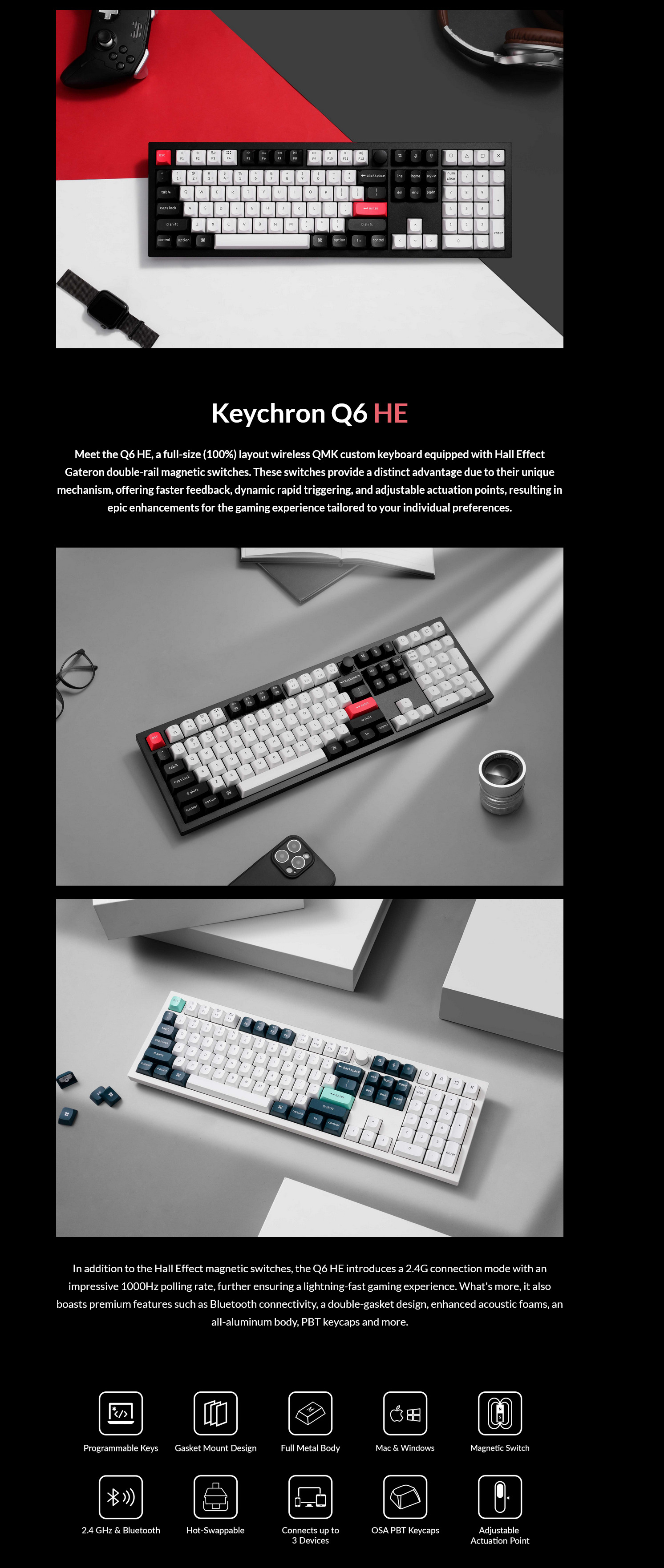 A large marketing image providing additional information about the product Keychron Q6 HE - Fullsize QMK Wireless Custom Keyboard - Black (Gateron Nebula Magnetic Switch) - Additional alt info not provided