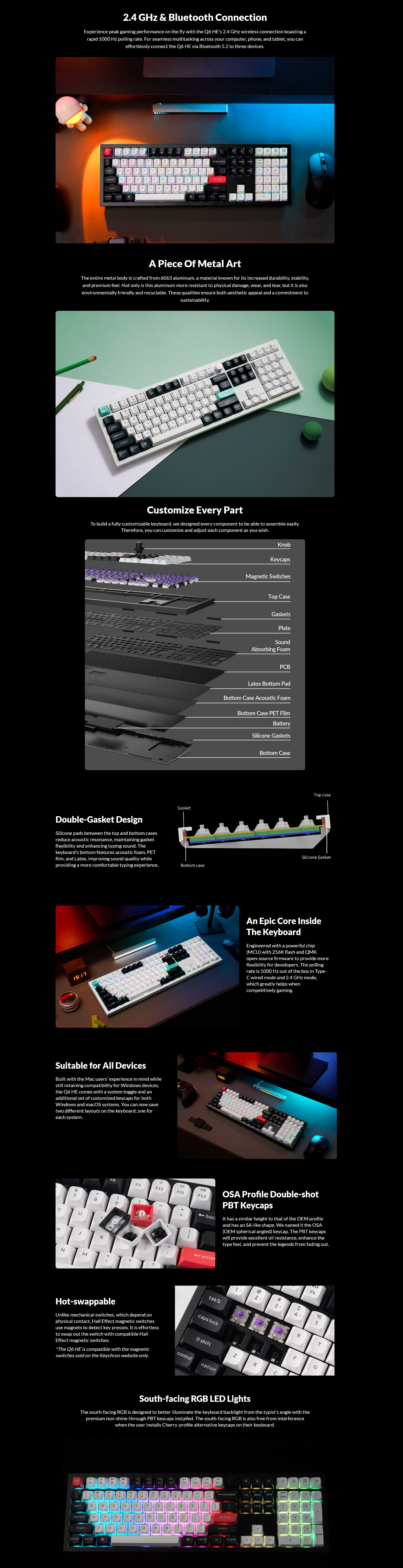 A large marketing image providing additional information about the product Keychron Q6 HE - Fullsize QMK Wireless Custom Keyboard - Black (Gateron Nebula Magnetic Switch) - Additional alt info not provided