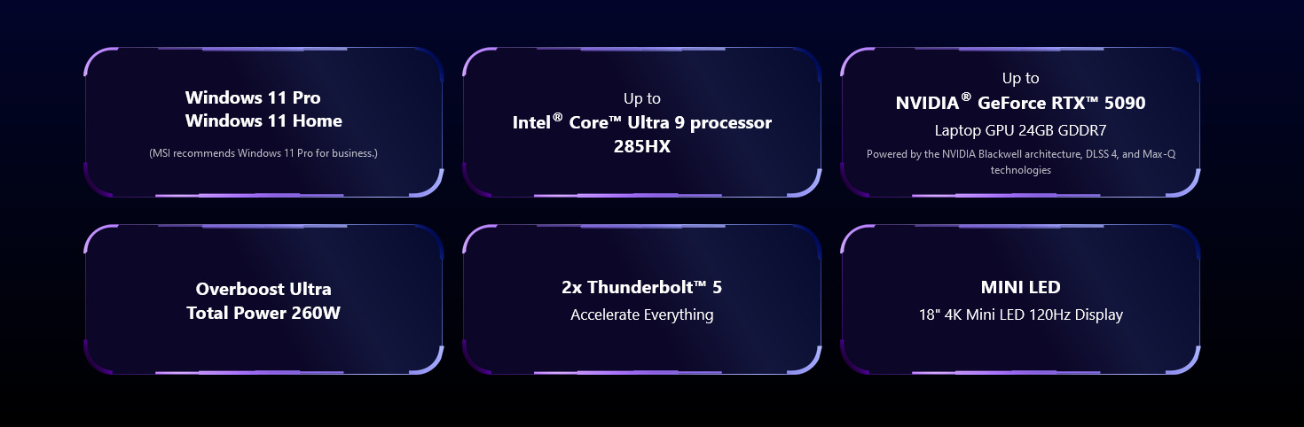 A large marketing image providing additional information about the product MSI Raider 18 HX AI (A2X) - 18" 4K 120Hz, Core Ultra 9 275HX, RTX 5090, 64GB/4TB - Win 11 Pro Gaming Notebook - Additional alt info not provided