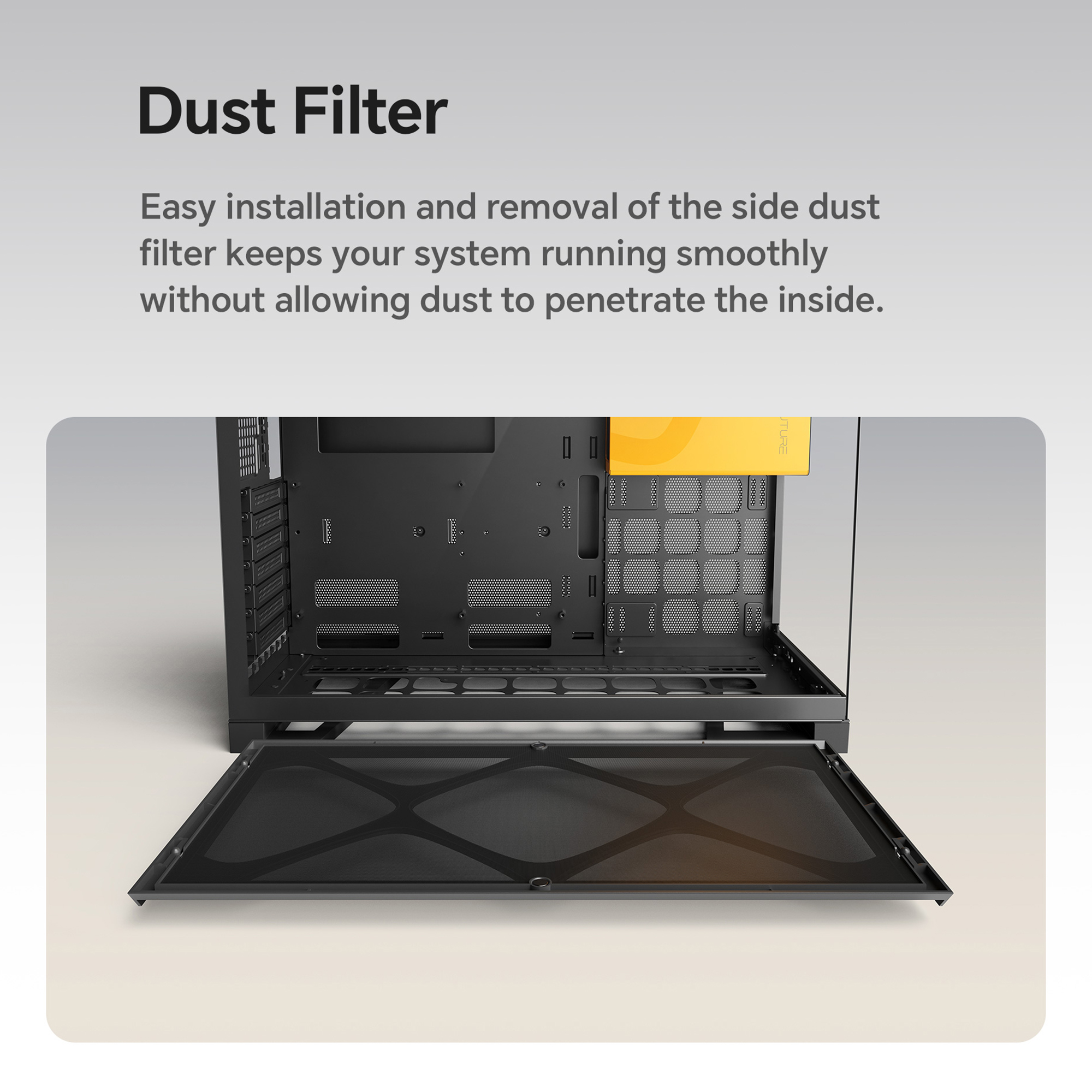 A large marketing image providing additional information about the product Geometric Future Model 5 w/ Fans - Mid Tower Glass Case (Black/Yellow) - Additional alt info not provided