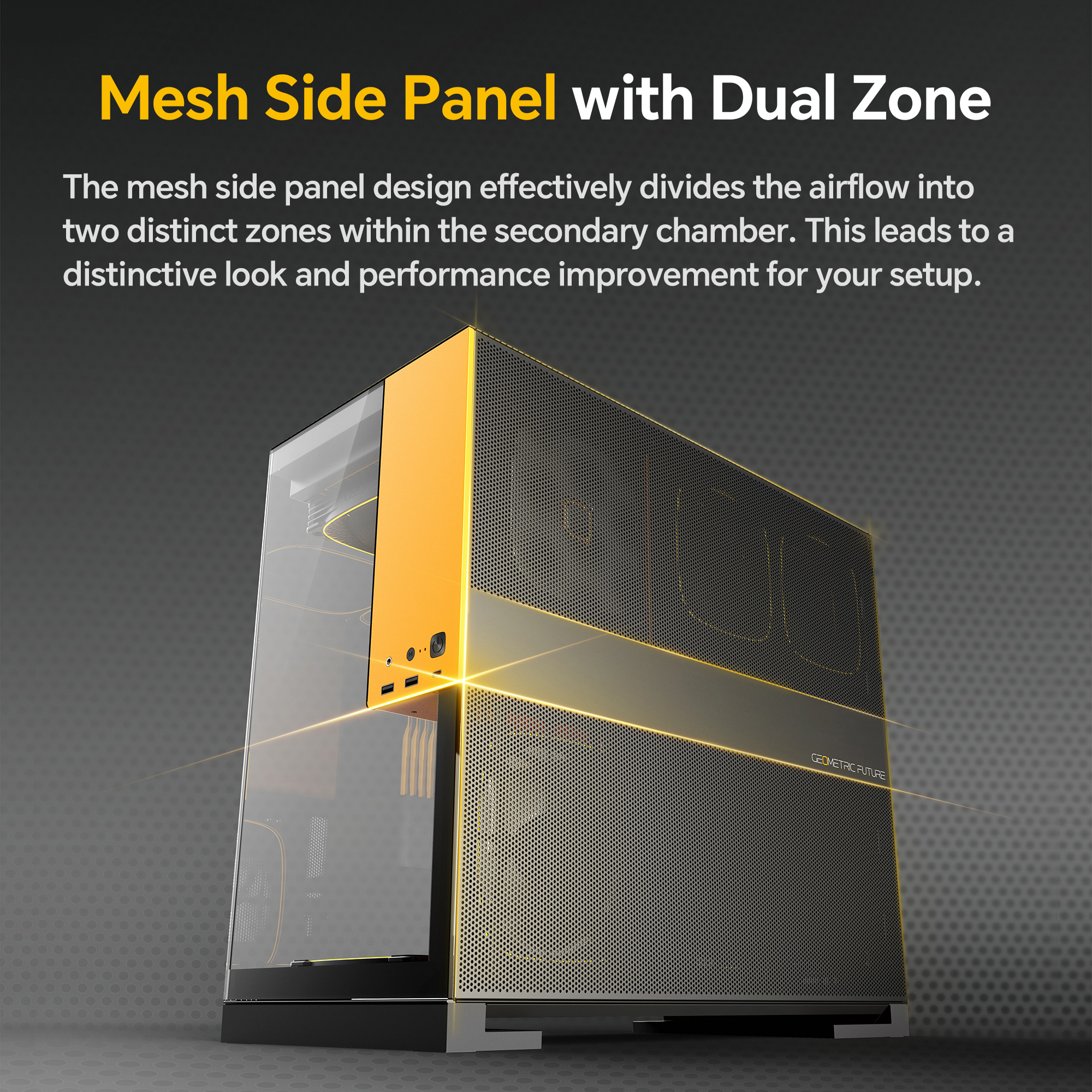 A large marketing image providing additional information about the product Geometric Future Model 5 w/ Fans - Mid Tower Glass Case (Black/Grey) - Additional alt info not provided