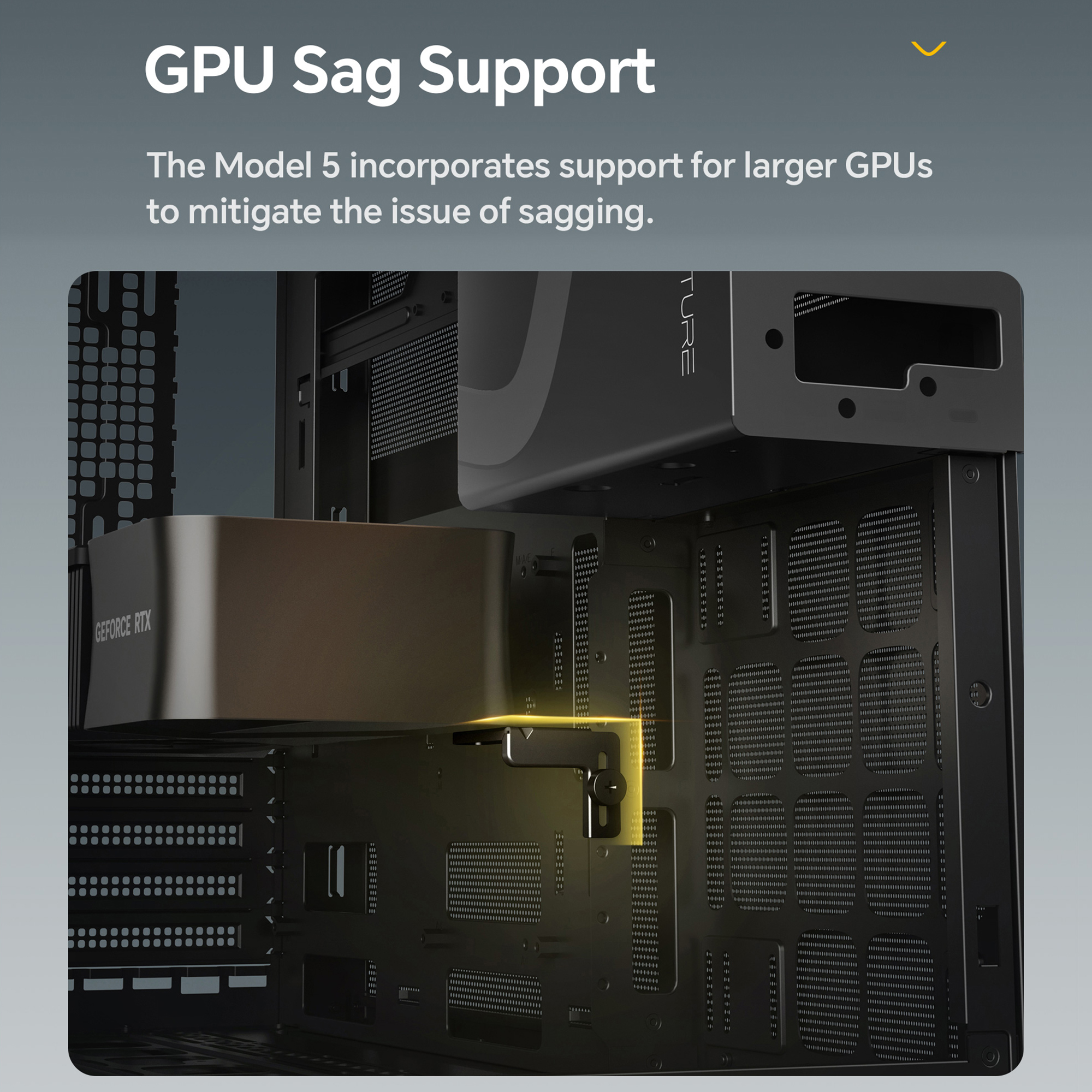 A large marketing image providing additional information about the product Geometric Future Model 5 Vent w/ Fans - Mid Tower Dual-Chamber Case (Black/Yellow) - Additional alt info not provided