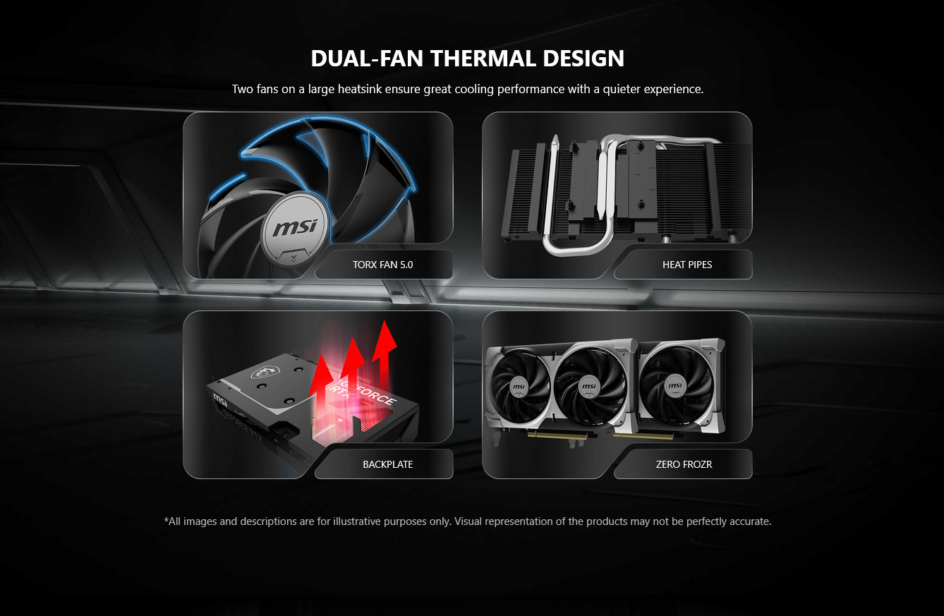 Uma grande imagem de marketing fornecendo informações adicionais sobre o produto MSI GeForce RTX 5060 Ventus 2X OC 8GB GDDR7 - Informações alternativas adicionais não fornecidas