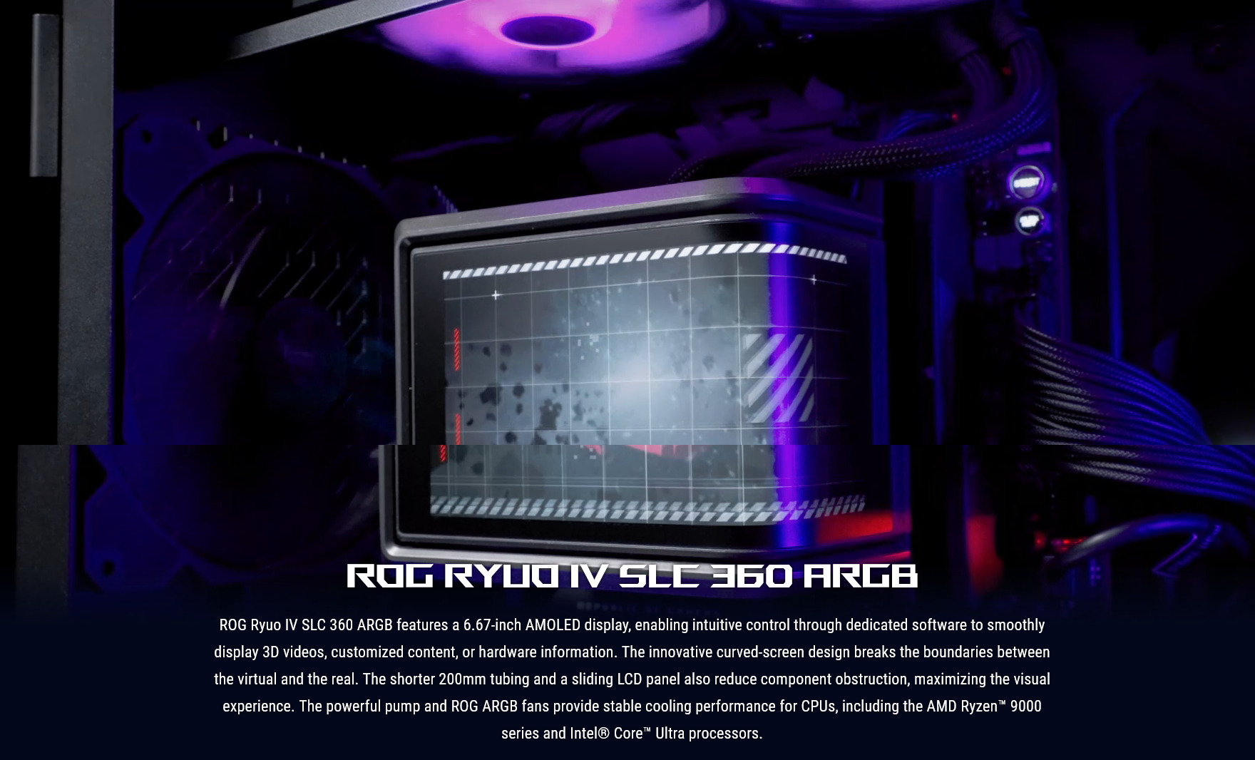 A large marketing image providing additional information about the product ASUS ROG Ryuo IV SLC 360 ARGB 360mm AIO Liquid CPU Cooler - Additional alt info not provided