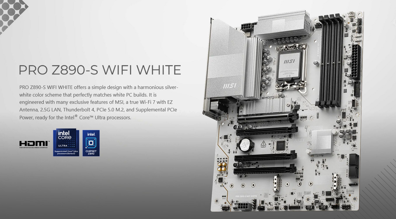 A large marketing image providing additional information about the product MSI PRO Z890-S WiFi LGA1851 ATX Desktop Motherboard - White - Additional alt info not provided