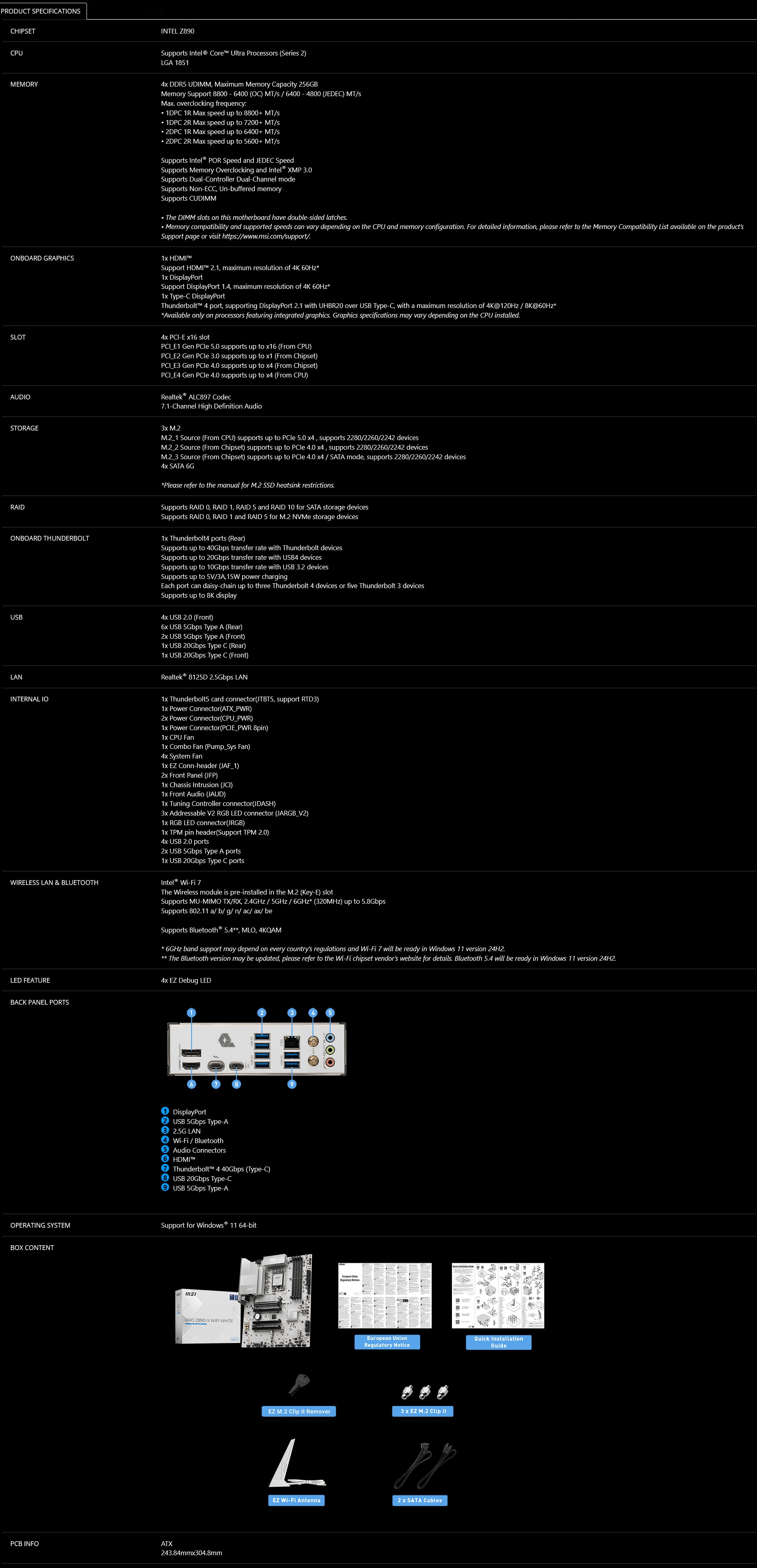 A large marketing image providing additional information about the product MSI PRO Z890-S WiFi LGA1851 ATX Desktop Motherboard - White - Additional alt info not provided