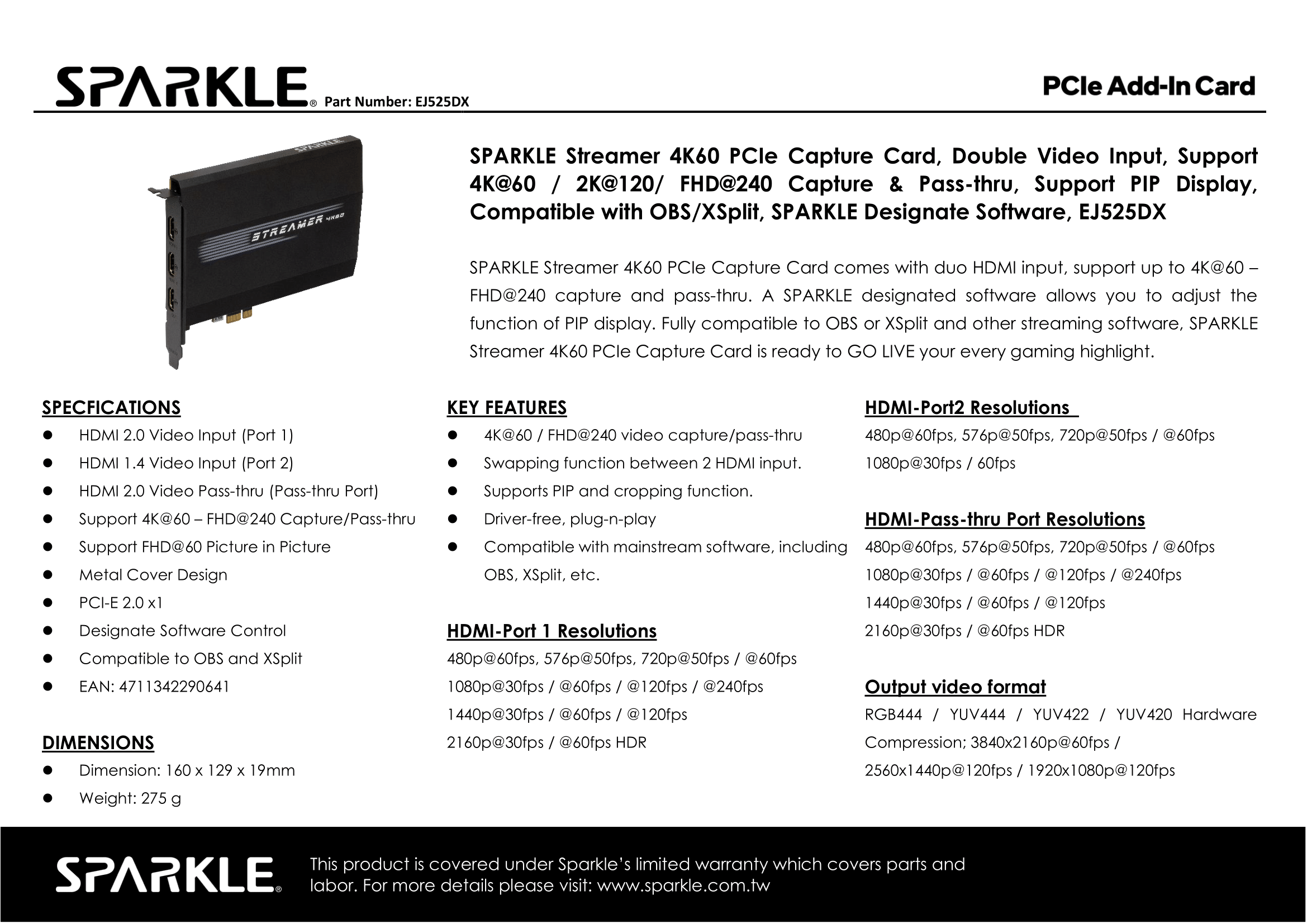 SPARKLE Streamer 4K60 PCIe Capture Card | PLE Computers