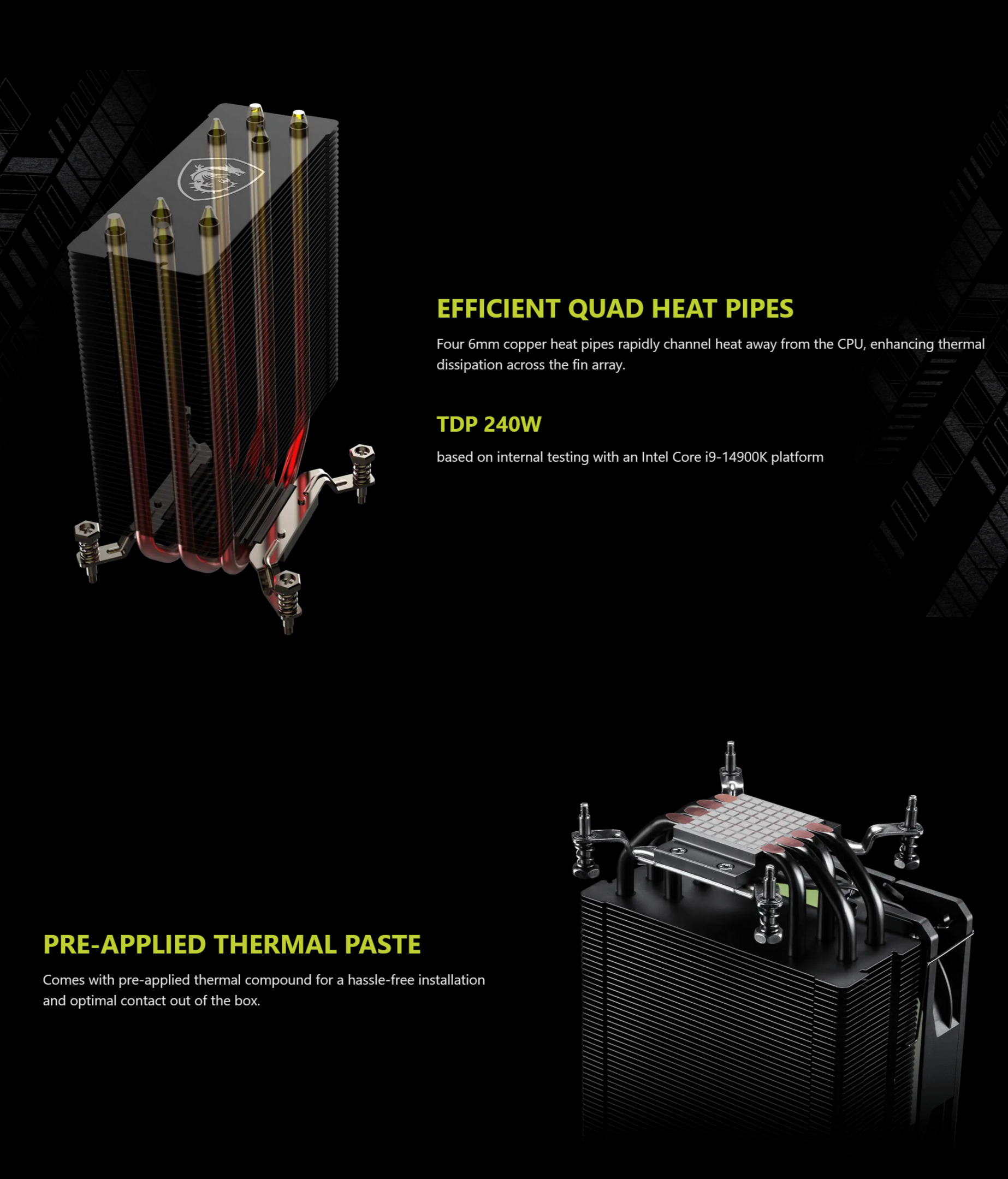 A large marketing image providing additional information about the product MSI MAG COREFROZR AA13 CPU Air Cooler - White - Additional alt info not provided