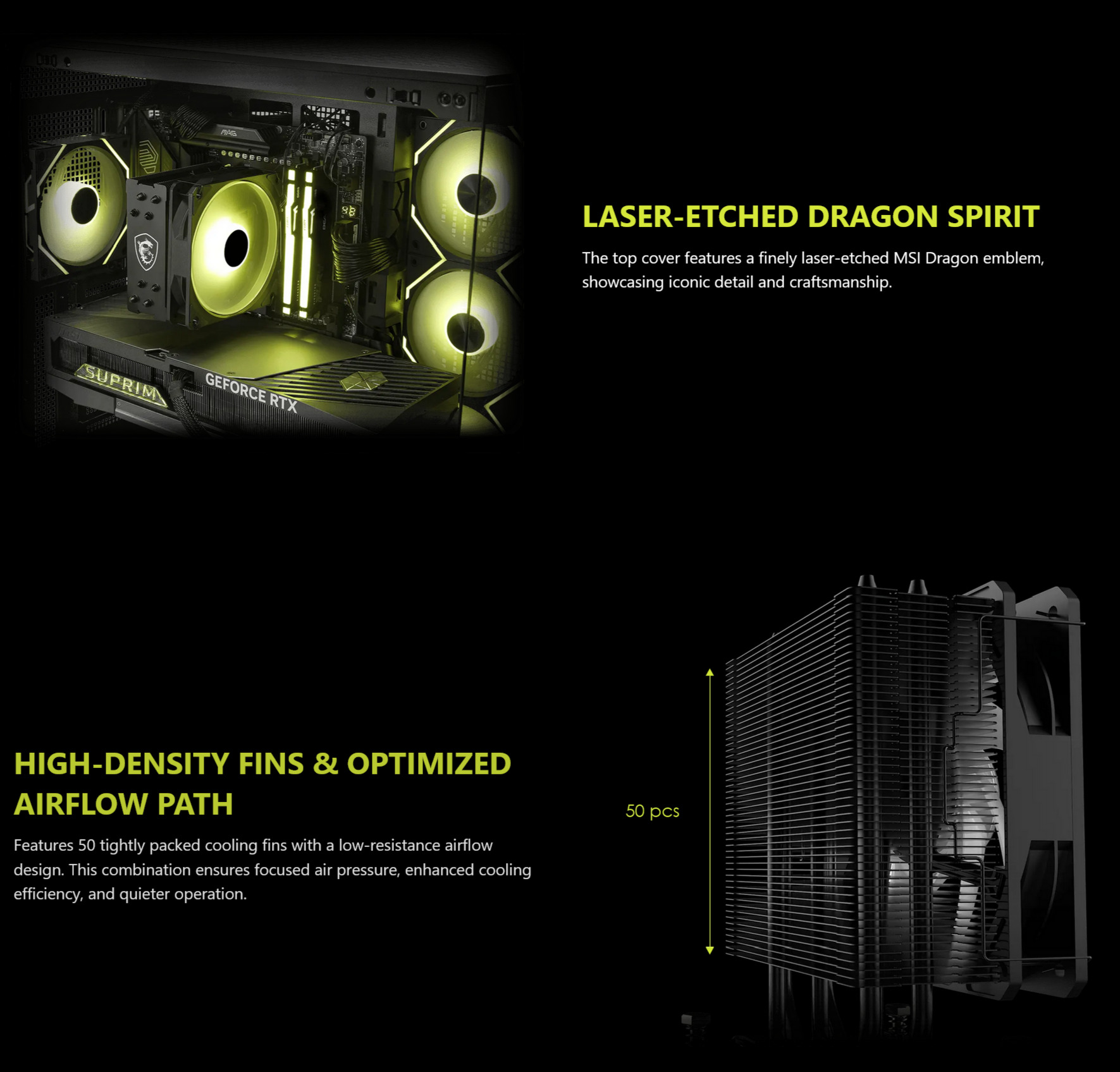 A large marketing image providing additional information about the product MSI MAG COREFROZR AA13 CPU Air Cooler - White - Additional alt info not provided