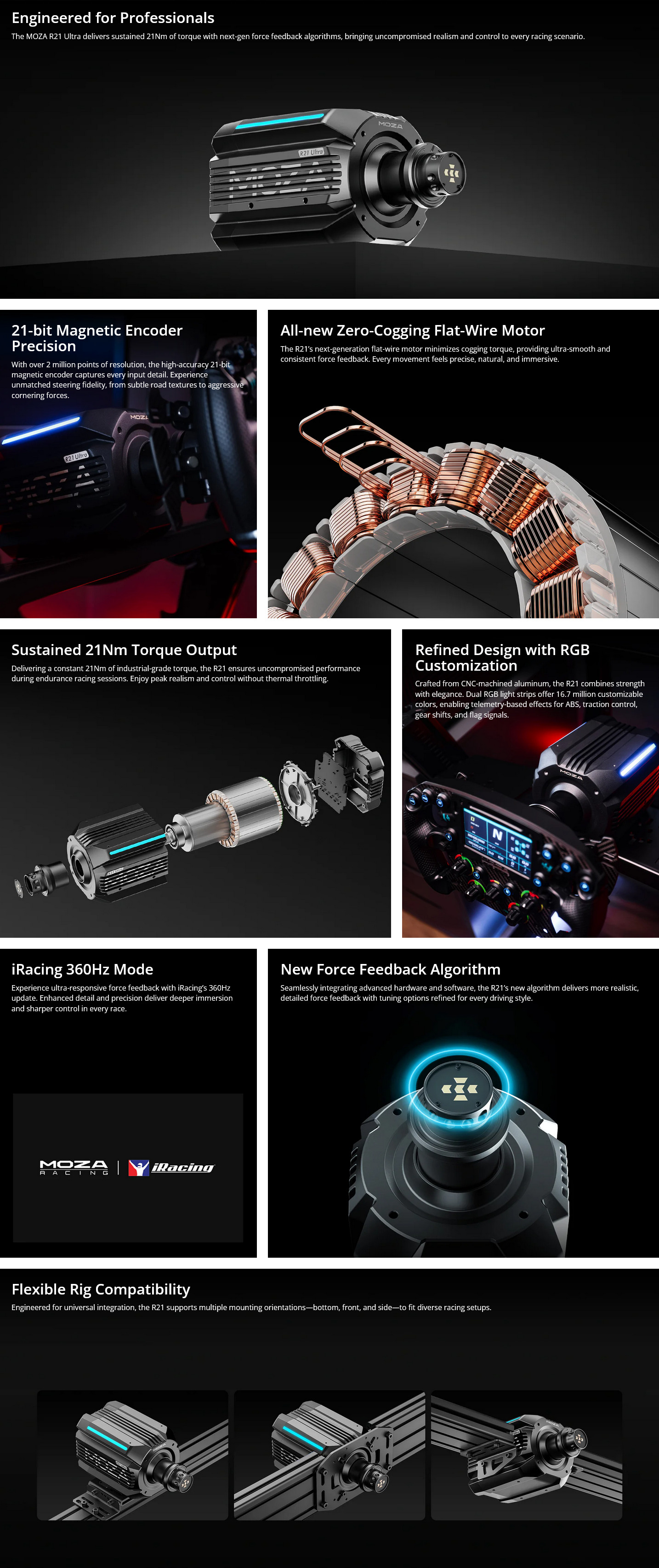 A large marketing image providing additional information about the product MOZA R21 Ultra Direct Drive Wheel Base - Additional alt info not provided
