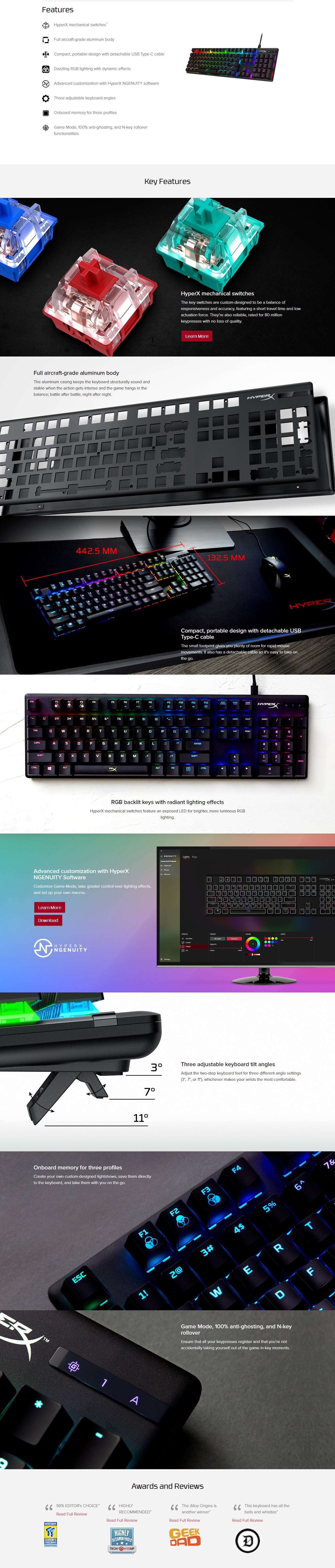 A large marketing image providing additional information about the product Kingston HyperX Alloy Origins RGB Mechanical Keyboard (HyperX Red Switch) - Additional alt info not provided