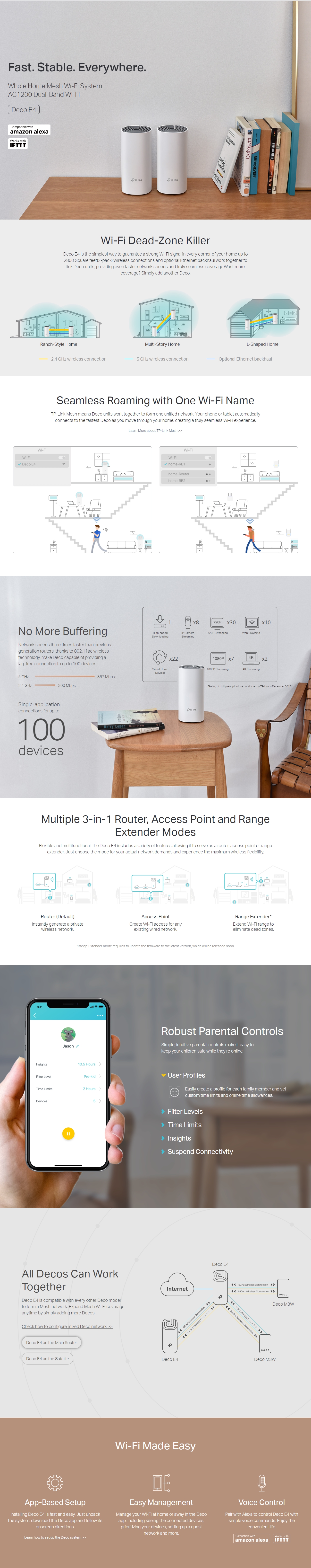 A large marketing image providing additional information about the product TP-Link Deco E4 - AC1200 Wi-Fi 5 Mesh System (2 Pack) - Additional alt info not provided