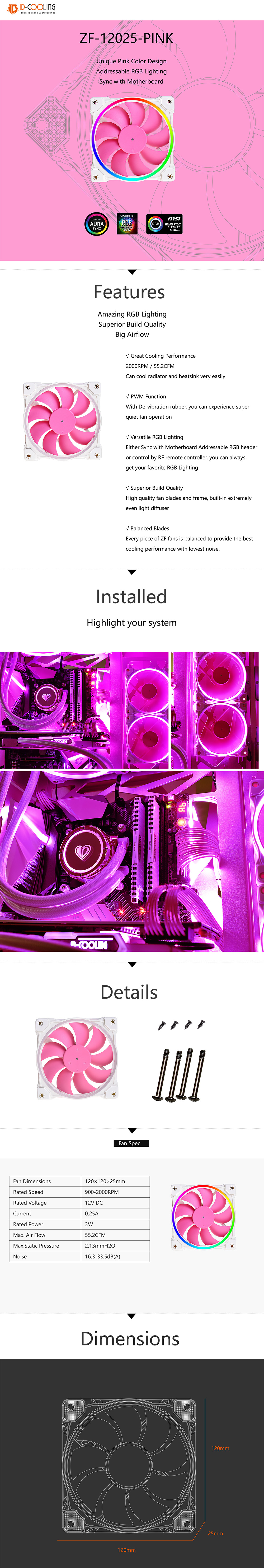 A large marketing image providing additional information about the product ID-COOLING ZF Series 120mm ARGB Case Fan - Pink - Additional alt info not provided