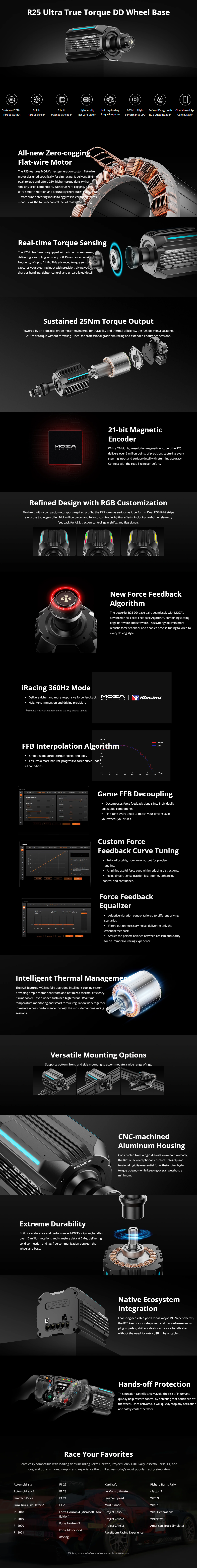 A large marketing image providing additional information about the product MOZA R25 Ultra True Torque Direct Drive Wheel Base - Additional alt info not provided