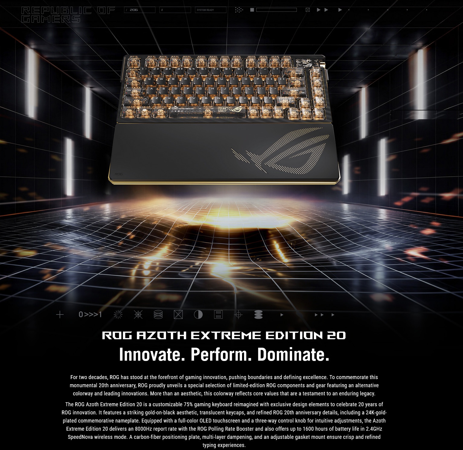 A large marketing image providing additional information about the product ASUS ROG Azoth Extreme 75% Hot-Swap RGB Wireless Mechanical Keyboard - Edition 20 Storm Switch - Additional alt info not provided