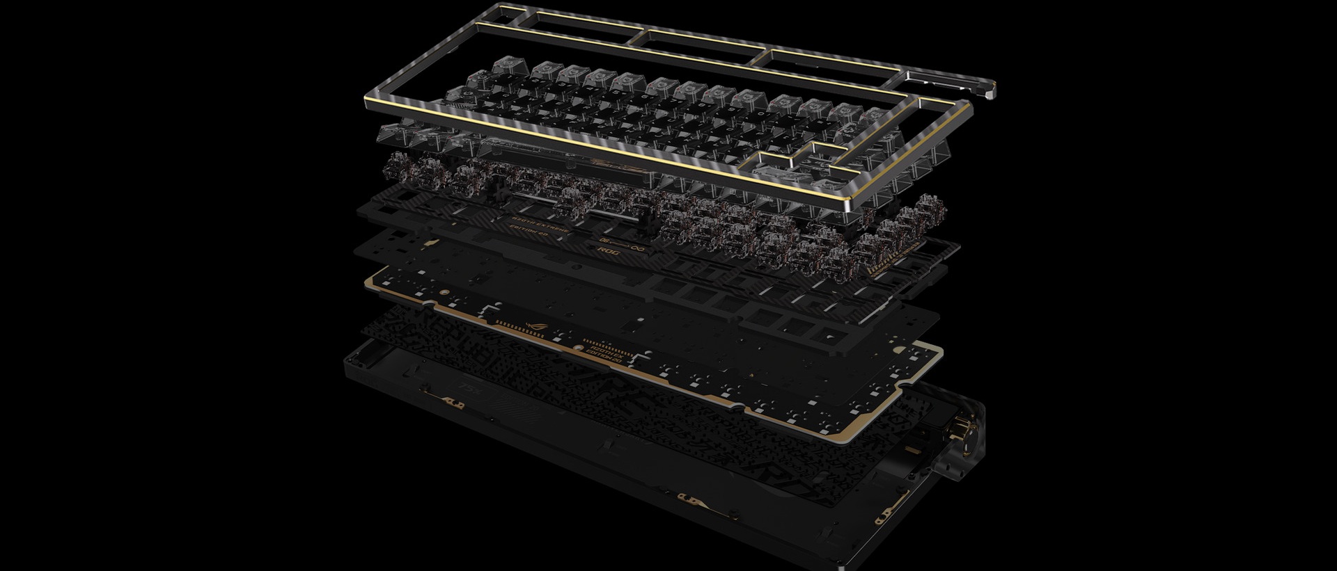 A large marketing image providing additional information about the product ASUS ROG Azoth Extreme 75% Hot-Swap RGB Wireless Mechanical Keyboard - Edition 20 Storm Switch - Additional alt info not provided